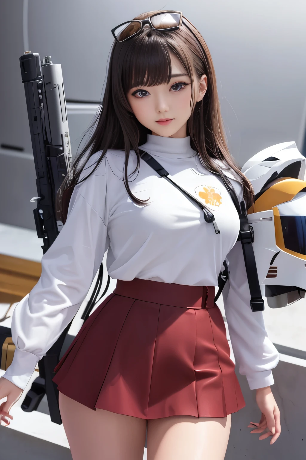 (top quality), (masterpiece), personification of Mobile Suit Gundam F91, nsfw, great highlights of the upper body, powerful mechs, girl with beam rifle, 21 years old, baby face, beautiful eyes, modest nose, neatness, absolute area, moist wet slightly thick thighs, dignified full-body pose, open legs, short skirt,