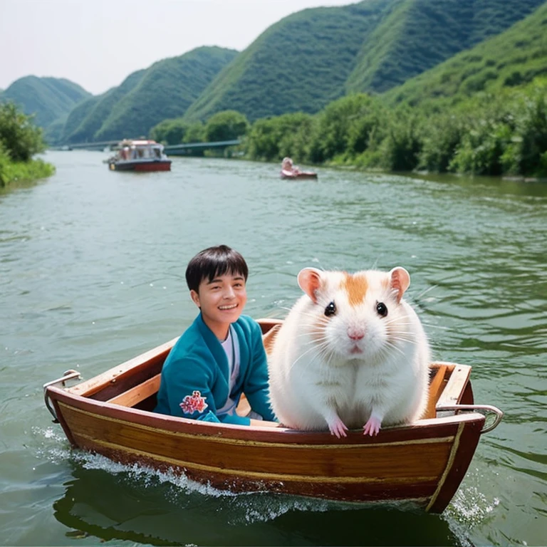 Chinese hamster going down the river in a small boat。