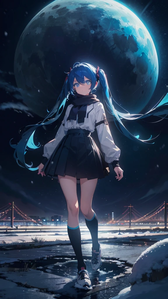 (masterpiece、highest quality)、1 girl ,Grim expression、hatsunemiku,Warm lighting、 Blurred foreground、night、High Contrast、Twin tails,blue gem eyes,Blue Hair,night,snowing,Heavy snowfall,winter,Alone in the vast snowy field,whole body,curse,Looking at me,Huge construction,moon,whole body,shine,bright,Sad expression,whole body,sad face,legs,Huge structures,universe,planet,Long, slender legs