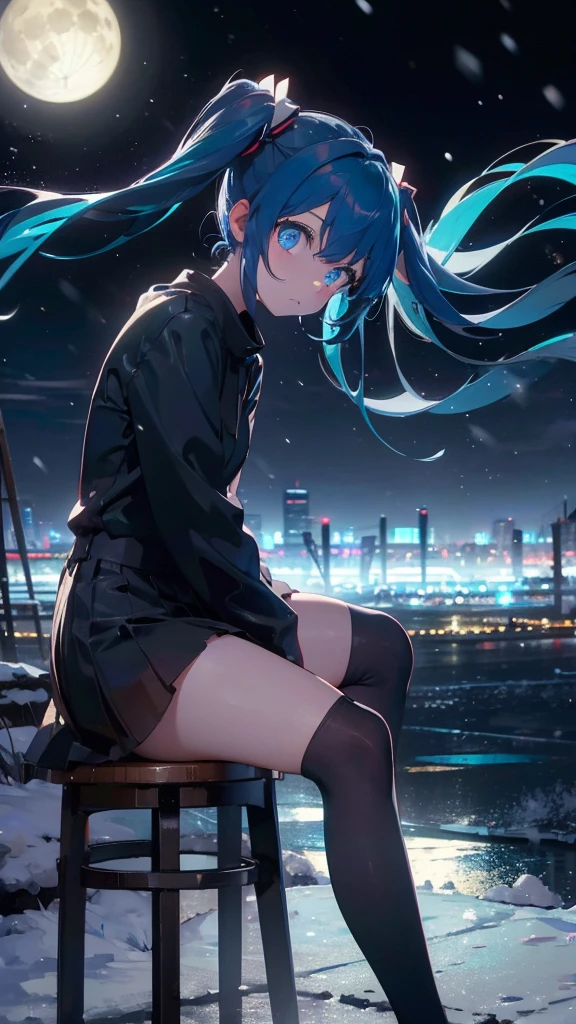 (masterpiece、highest quality)、1 girl ,Grim expression、hatsunemiku,Warm lighting、 Blurred foreground、night、High Contrast、Twin tails,blue gem eyes,Blue Hair,night,snowing,Heavy snowfall,winter,Alone in the vast snowy field,whole body,curse,Looking at me,Huge construction,moon,whole body,shine,bright,Sad expression,whole body,sad face,legs,Huge structures,universe,planet,Long, slender legs