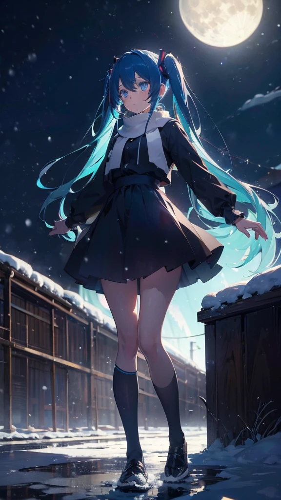 (masterpiece、highest quality)、1 girl ,Grim expression、hatsunemiku,Warm lighting、 Blurred foreground、night、High Contrast、Twin tails,blue gem eyes,Blue Hair,night,snowing,Heavy snowfall,winter,Alone in the vast snowy field,whole body,curse,Looking at me,Huge construction,moon,whole body,shine,bright,Sad expression,whole body,sad face,legs,Huge structures,universe,planet,Long, slender legs