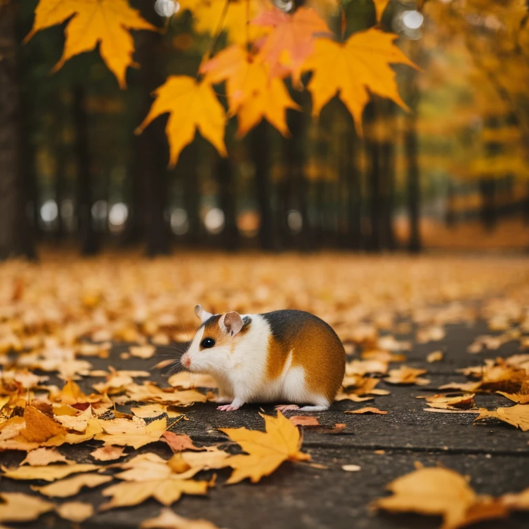 Chinese hamster playing among autumn leaves。