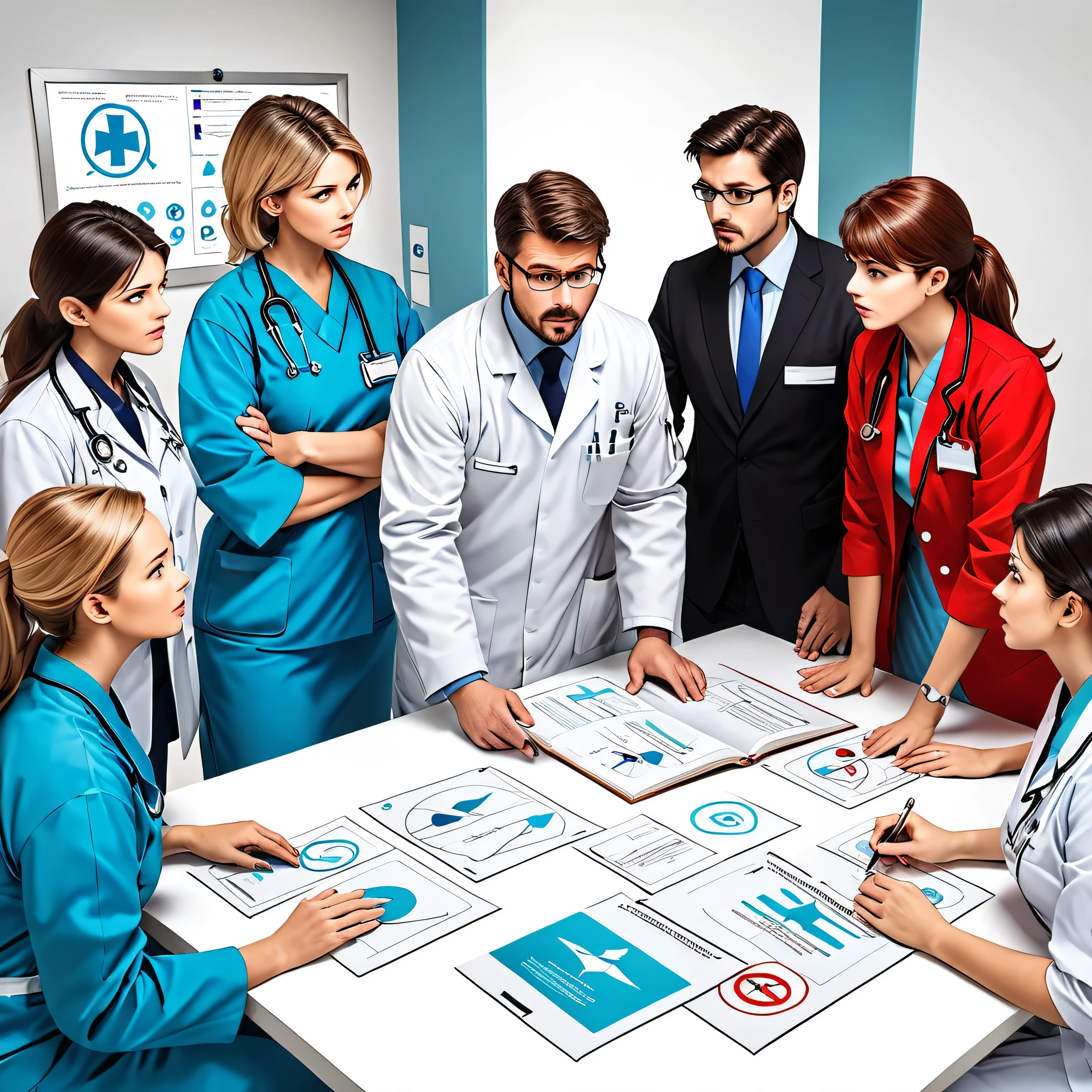 Draw a picture that depicts the dynamics of conflict in a health organization. This image should demonstrate important elements such as interactions between medical staff, communication, leadership, and conflict resolution. The image should include a visualization of the hospital situation with staff interacting, perhaps with elements showing tension or intense discussion. Also include communication symbols such as diagrams, conversations, or emails, as well as elements that demonstrate leadership such as a manager providing direction. This image should look professional and attractive, with bold colors to catch the reader's attention, and details that pique their curiosity to read more