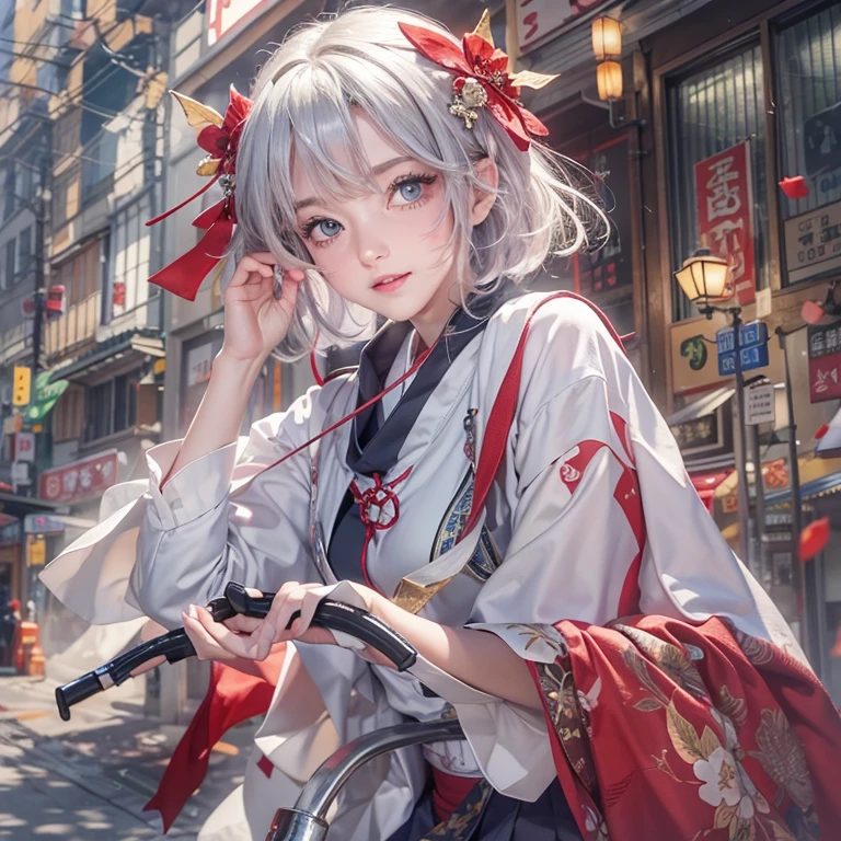 (masterpiece:1.3), (8k, Realistic, RAW Photos, Best image quality: 1.4), Fair-skinned fairy woman、short hair、Cleavage:2.0、Highly detailed face、Attention to detail、double eyelid、Sharp focus:1.2、Beautiful woman:1.4、Silvery white hair、highest quality、masterpiece、Ultra-high resolution、(Realistic:1.4)、Highly detailed and professionally lit smiles、Loose, Light, Wearing a Japanese high school uniform:1.5、Red scarf、 one person、whole body,Cycling through Japanese cities、