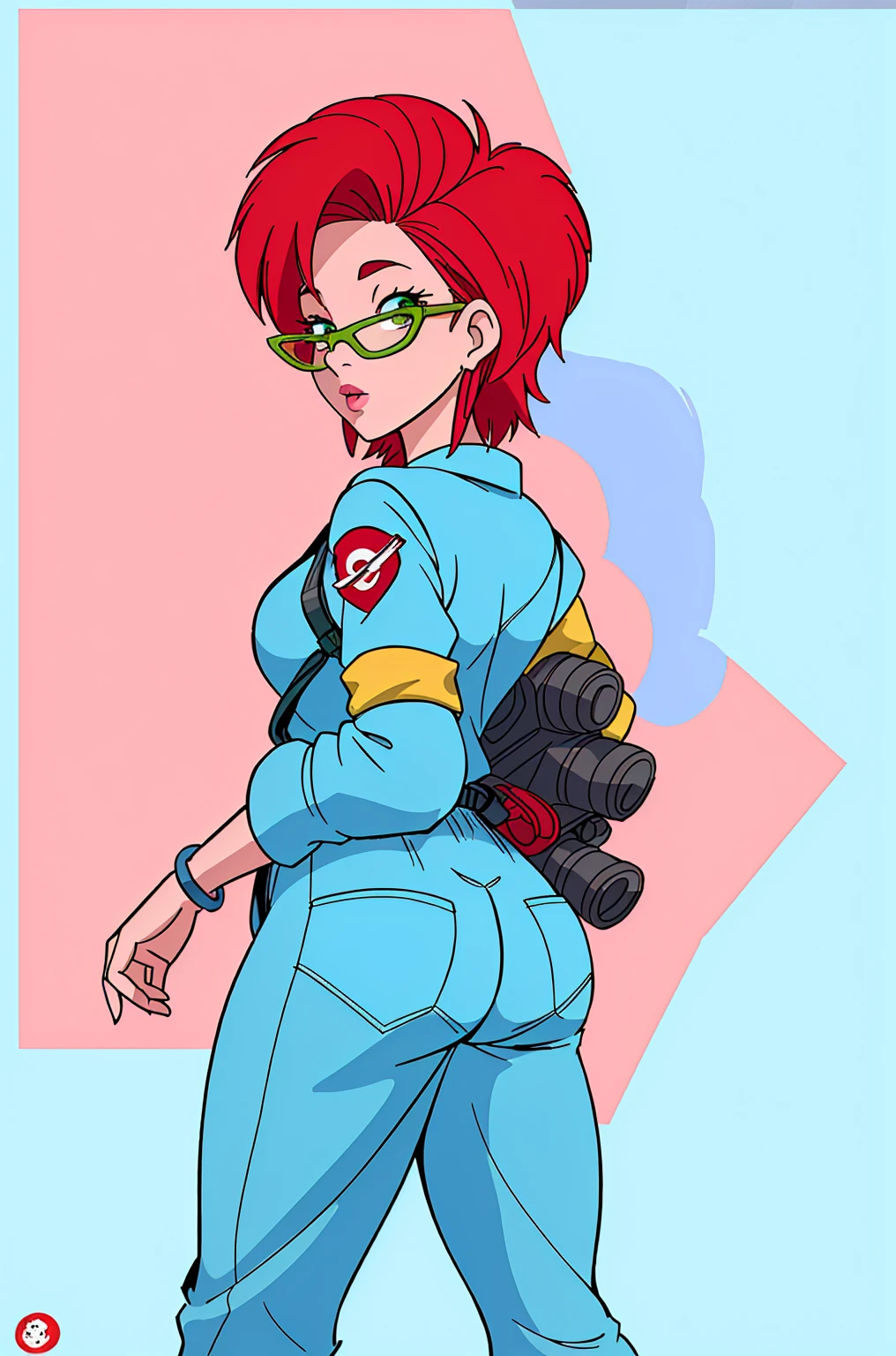janine standing in NY city street, red hair, green frame glasses, (sky_blue eyeshadow:1.1), glossy pink lipstick, a blue necklace, blue straight tube earrings, small breasts, Ghostbusters jumpsuit uniform, Ghostbusters_Logo patch on the arm, by proton pack, combat boots, sexy pose, high details, professional photography, perfect shading, vivid colors, ass, spread ass, ass focus, ass zoom in, back view,