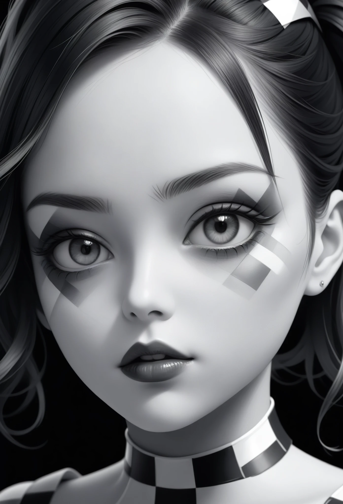 (extremely detailed CG unit 8k wallpaper, masterpiece, best quality, ultra-detailed), describe a 8k 16k portrait of the face painted like a black and white checkered board of a gorgeous woman ,
