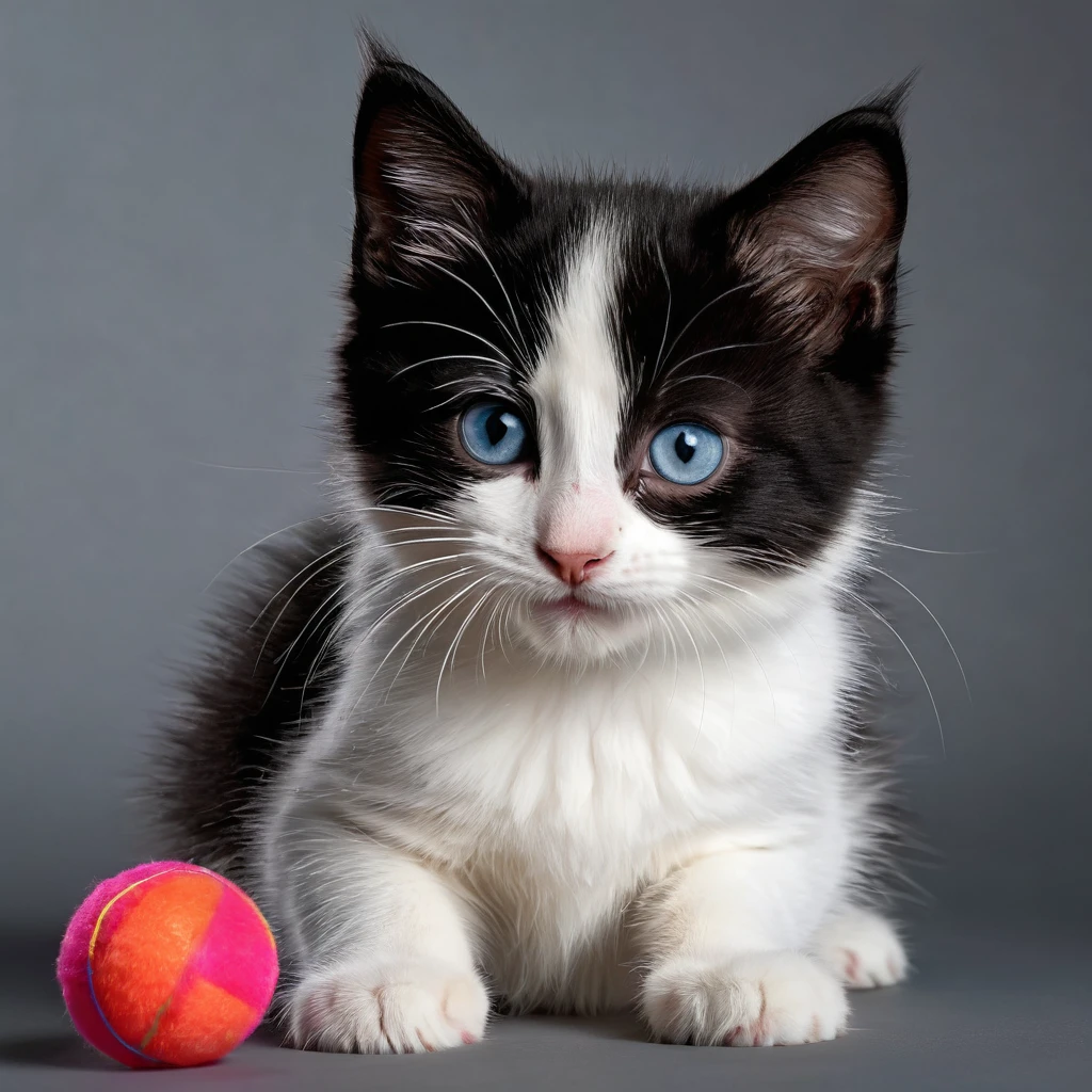 highres,ultra-detailed,realistic,photorealistic:1.37,kitten,black and white cat,playful,curious expression,mischievous,fluffy fur,captivating eyes,pouncing on a toy mouse,shadows and highlights,vivid colors,studio lighting