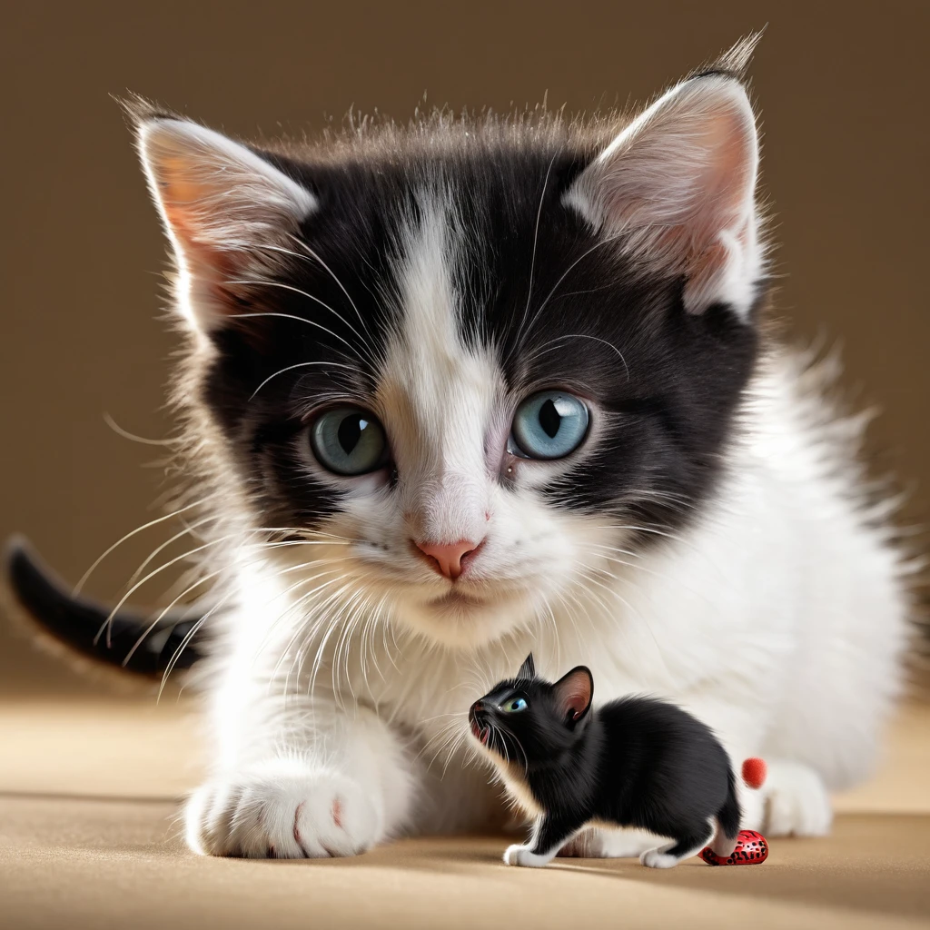 highres,ultra-detailed,realistic,photorealistic:1.37,kitten,black and white cat,playful,curious expression,mischievous,fluffy fur,captivating eyes,pouncing on a toy mouse,shadows and highlights,vivid colors,studio lighting