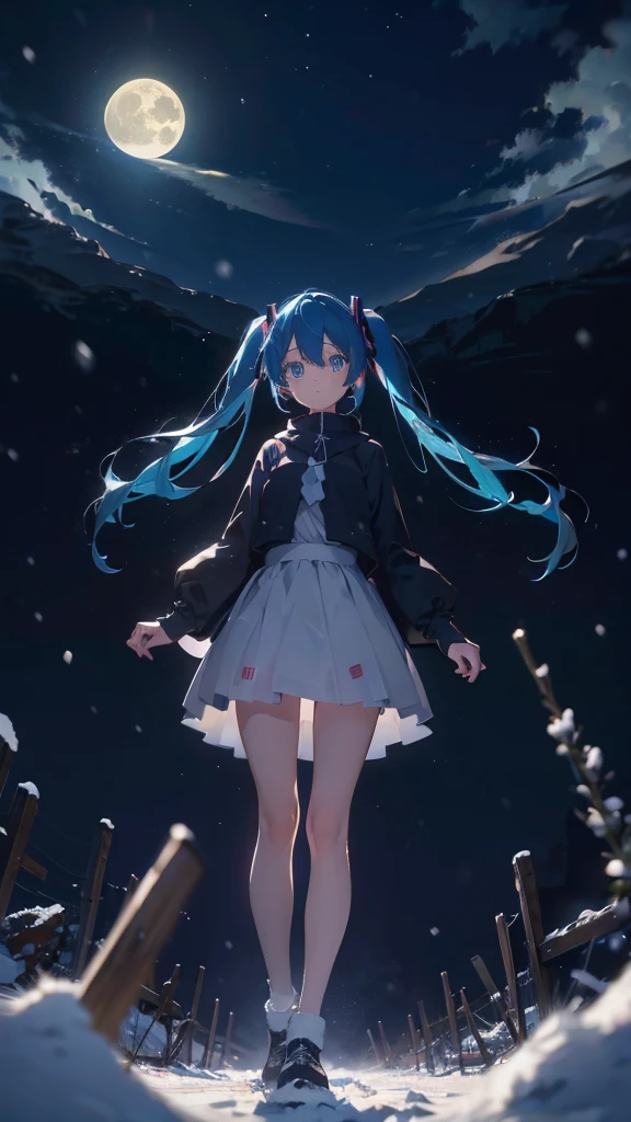(masterpiece、highest quality)、1 girl ,Grim expression、hatsunemiku,Warm lighting、 Blurred foreground、night、High Contrast、Twin tails,blue gem eyes,Blue Hair,night,snowing,Heavy snowfall,winter,Alone in the vast snowy field,whole body,curse,Looking at me,Huge construction,moon,whole body,shine,bright,Sad expression,whole body,sad face,legs,Huge structures,universe,planet,Long, slender legs
