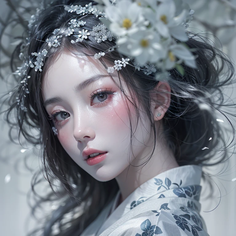 (Award-winning masterpiece, Very detailed, Texture and maximum detail), (Surreal:1.4), (stunningly anatomically perfect and beautiful style:1.9), (Transparent white skin and the highest quality realistic texture:1.8), (Yuki-onna in Japanesefolk tales:1.6), (Accurate perfect circle, Symmetrical pitch black eyes), (detailed and breathtakingly beautiful face:1.6), (Aesthetic and decadent atmosphere:1.7), (Calm, Traditional Japanese kimono that covers the whole body、that'Broken in places, Elegant and delicate pattern:1.8), (Pale skin, but、White skin and face:1.6), (beautiful, Shiny hair blown by the wind:1.8), (Oiran's Hyogomage:0.6), (Decadent attire, Delicately crafted accessories:1.8), (Fallen Beauty:1.6), (Pitch black eyes that seem to glow from within:1.7), (Less exposed skin), (The strong moonlight shines from above:1.7), ((Dramatic Photos)), ((Cinematic light)), (look up), (Looking down), (Dramatic Pose), (Smoke effects and mesmerizing lights:1.4), (Bamboo forest behind:0.3), Amida Hall in the back, Vermilion torii gate(fog:1.3), Wind effects, Swirling Snow, Winter Storm, wind and rain, (fogが漂う:1.3), Snowstorm Ice Field, A quiet snowy field illuminated by moonlight, Midnight in a snowy town, (Dark Night, Full moon night, Crescent Moon Night), Spectacular and realistic, Faded, ((Neutral Tones)), art, (High resolution:1.5), (Calm colors:1.2), Very detailed, (artstation:1.5), Cinematic, Warm Light, Light effects, Dramatic Light, (Intricate details:1.1), Complex background, (Greg Rutkowski:0.8), (blue green and orange:0.4)