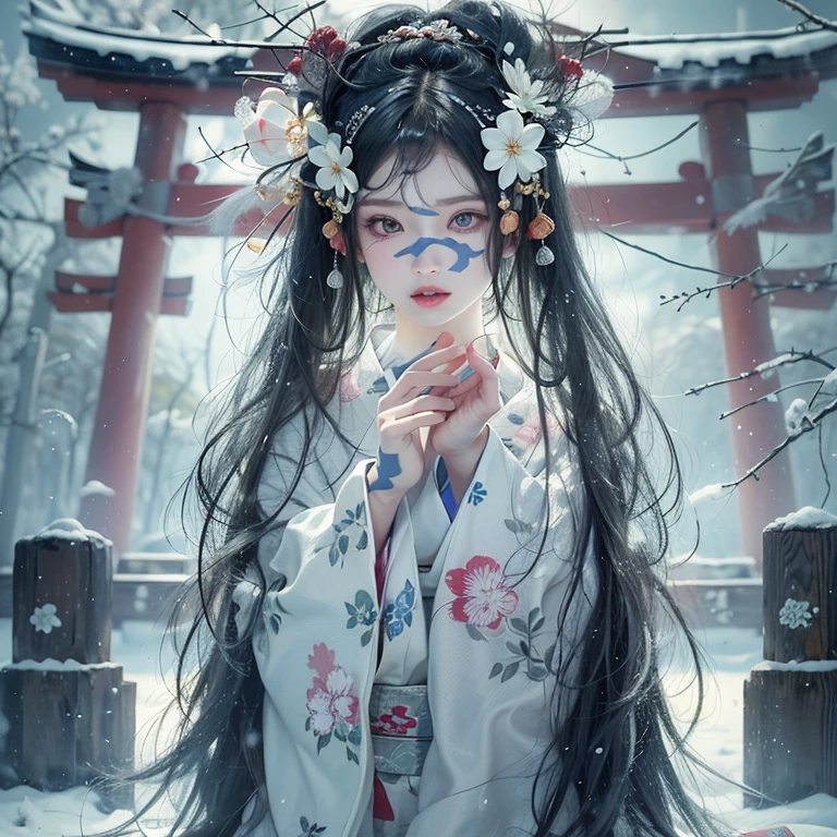 (Award-winning masterpiece, Very detailed, Texture and maximum detail), (Surreal:1.4), (stunningly anatomically perfect and beautiful style:1.9), (Transparent white skin and the highest quality realistic texture:1.8), (Yuki-onna in Japanesefolk tales:1.6), (Accurate perfect circle, Symmetrical pitch black eyes), (detailed and breathtakingly beautiful face:1.6), (Aesthetic and decadent atmosphere:1.7), (Calm, Traditional Japanese kimono that covers the whole body、that'Broken in places, Elegant and delicate pattern:1.8), (Pale skin, but、White skin and face:1.6), (beautiful, Shiny hair blown by the wind:1.8), (Oiran's Hyogomage:0.6), (Decadent attire, Delicately crafted accessories:1.8), (Fallen Beauty:1.6), (Pitch black eyes that seem to glow from within:1.7), (Less exposed skin), (The strong moonlight shines from above:1.7), ((Dramatic Photos)), ((Cinematic light)), (look up), (Looking down), (Dramatic Pose), (Smoke effects and mesmerizing lights:1.4), (Bamboo forest behind:0.3), Amida Hall in the back, Vermilion torii gate(fog:1.3), Wind effects, Swirling Snow, Winter Storm, wind and rain, (fogが漂う:1.3), Snowstorm Ice Field, A quiet snowy field illuminated by moonlight, Midnight in a snowy town, (Dark Night, Full moon night, Crescent Moon Night), Spectacular and realistic, Faded, ((Neutral Tones)), art, (High resolution:1.5), (Calm colors:1.2), Very detailed, (artstation:1.5), Cinematic, Warm Light, Light effects, Dramatic Light, (Intricate details:1.1), Complex background, (Greg Rutkowski:0.8), (blue green and orange:0.4)