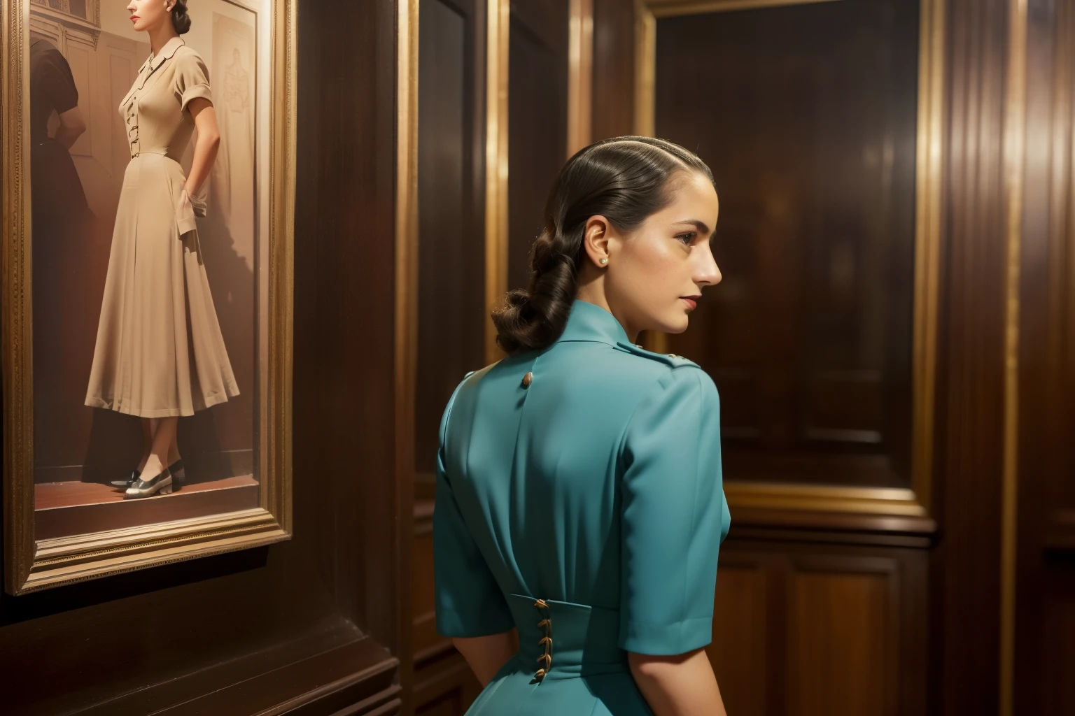 Madrid, 1940. A young ((((29-year-old)) Sira Quiroga)), beautiful, skinny, in the museum, spying from behind a folder, ((((clothings from the 1940s, dress)))), ((hairstyle of the 1940s)), ((colorful))
