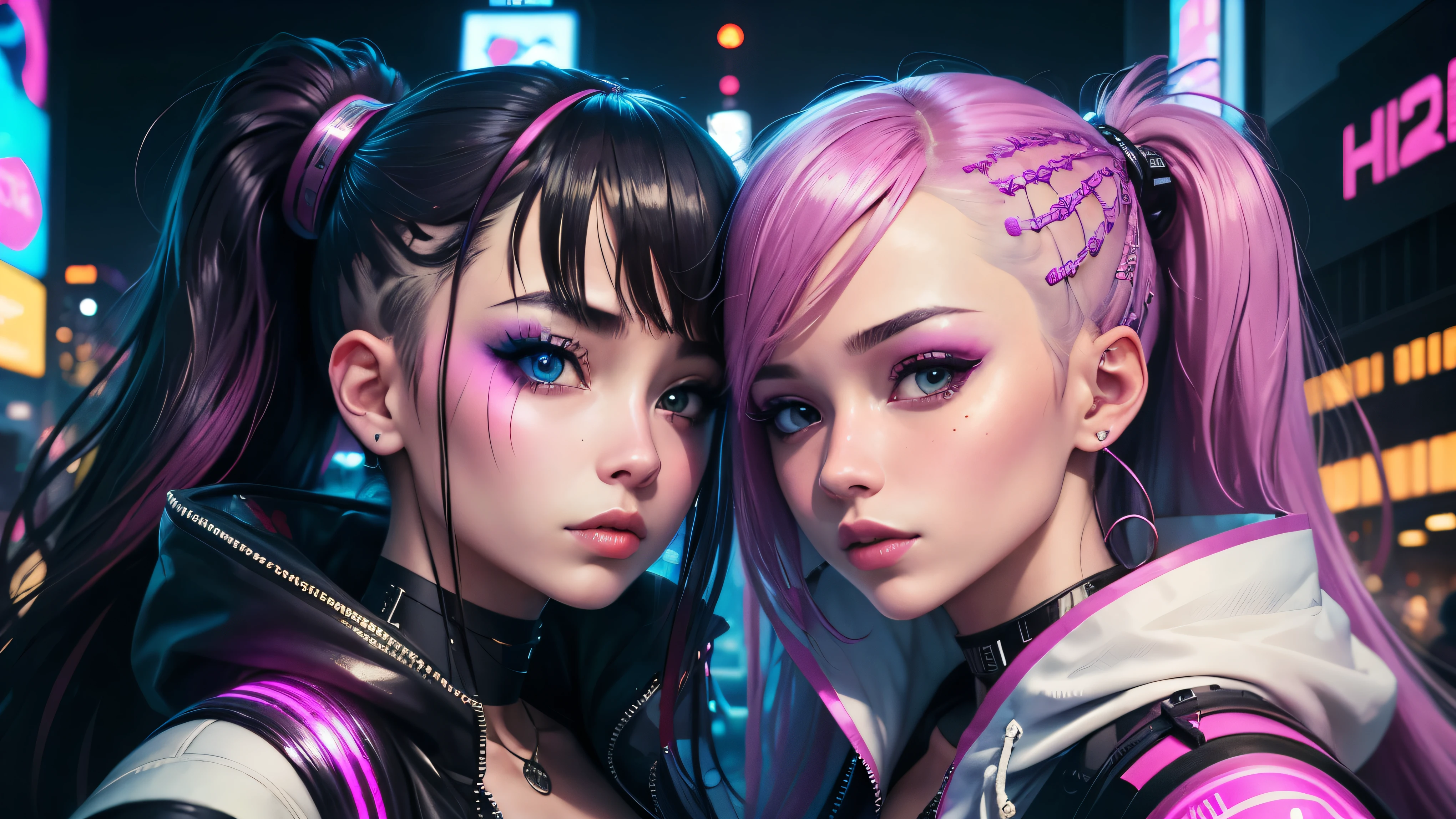 masterpiece, highest quality, 2 ((kiss)) Cyberpunk girls standing together taking selfie portrait, Harajuku style cyberpunk clothes, Bold light colors and patterns, eye-catching accessories, Trendy and innovative hairstyles, Dazzling cyberpunk cityscape, skyscraper, glowing neon sign, led lights, anime illustration, fine skin texture, fine cloth texture, beautiful detailed face, intricate details, Super detailed, cinematic lighting, strong contrast.