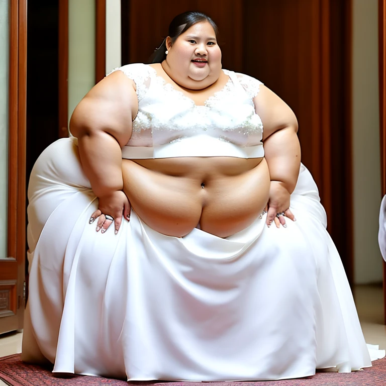 sbbw solo extremely morbidly obese Thai woman full body alone wearing a white wedding dress