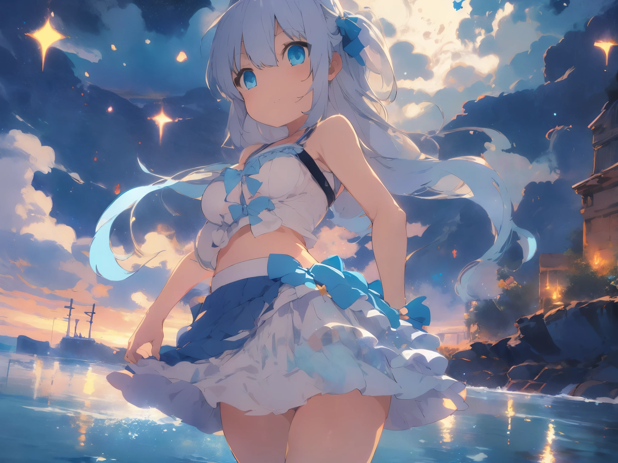 A cute white shirt that shows off her 、Light blue frilly flared skirt、She lifts her skirt with both hands to show off her cute white underwear、Cute white underwear visible when skirt is lifted、Sandy beach, beautiful sea, night and starry sky