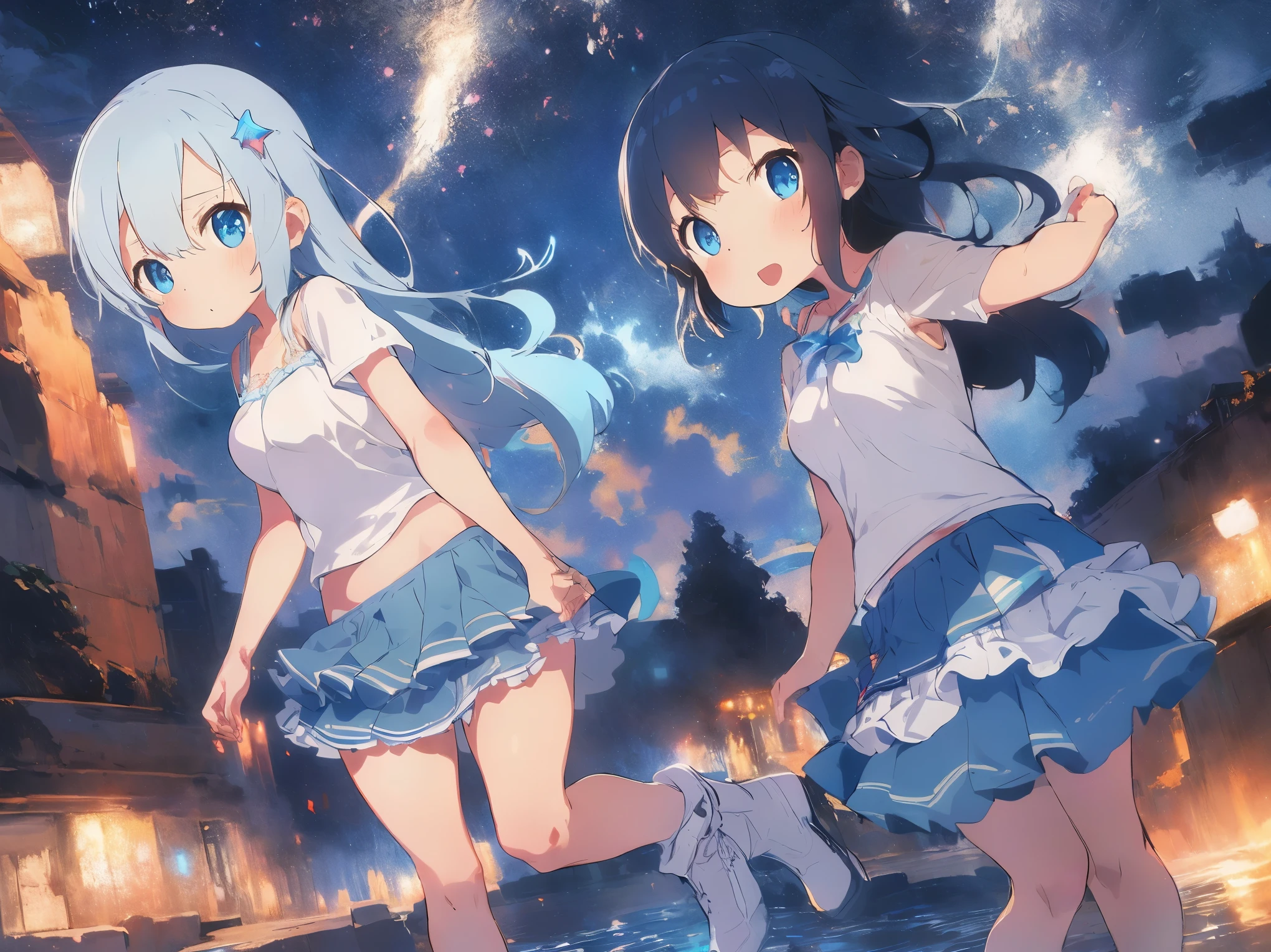 A cute white shirt that shows off her 、Light blue frilly flared skirt、She lifts her skirt with both hands to show off her cute white underwear、Cute white underwear visible when skirt is lifted、Sandy beach, beautiful sea, night and starry sky
