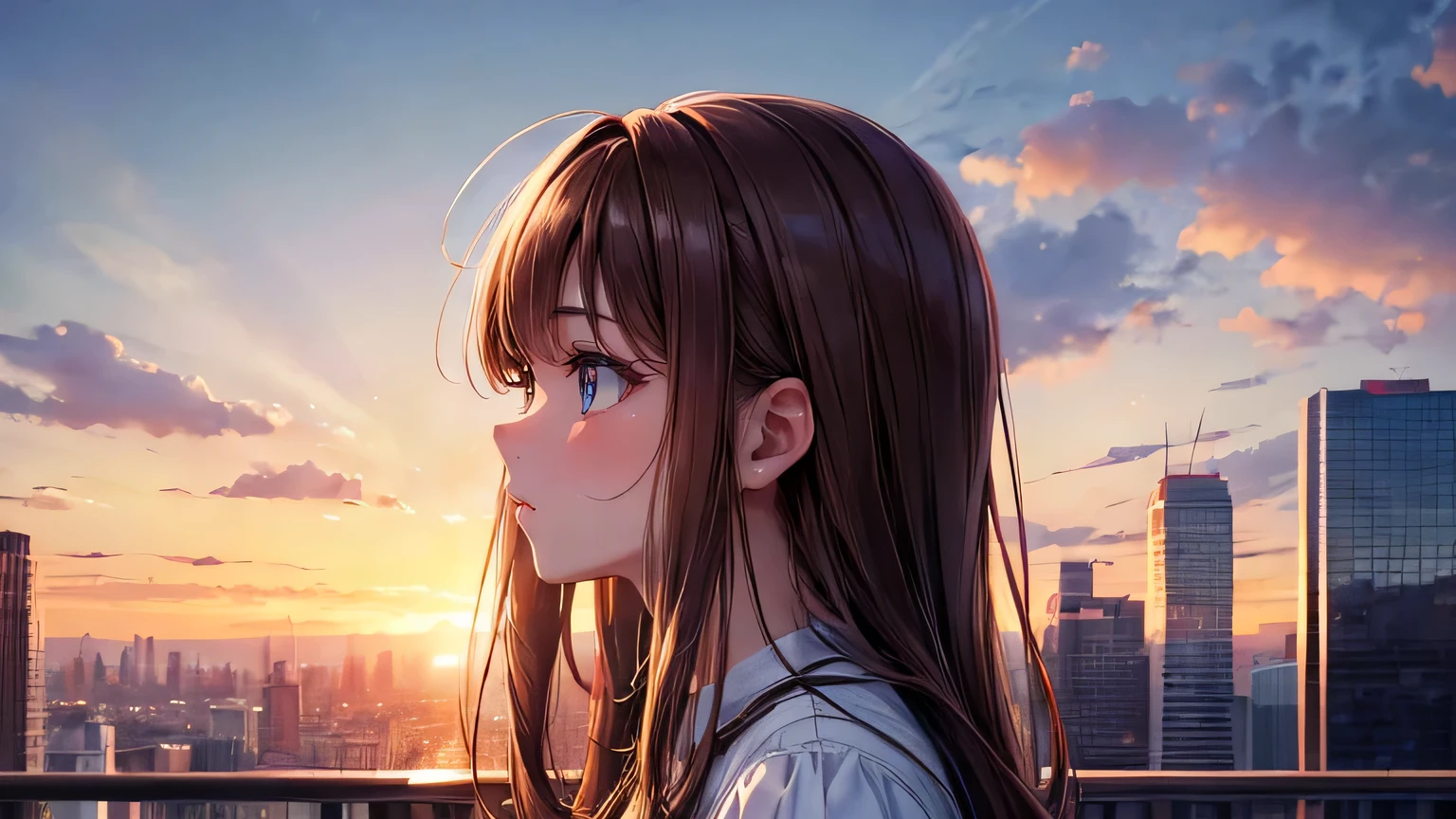((masterpiece, highest quality, Ultra Clear, High resolution)), alone, beautiful girl, Shining Eyes, Perfect Eyes,profile, 30 years old, Sunset Theme,Brown Hair,Cityscape,