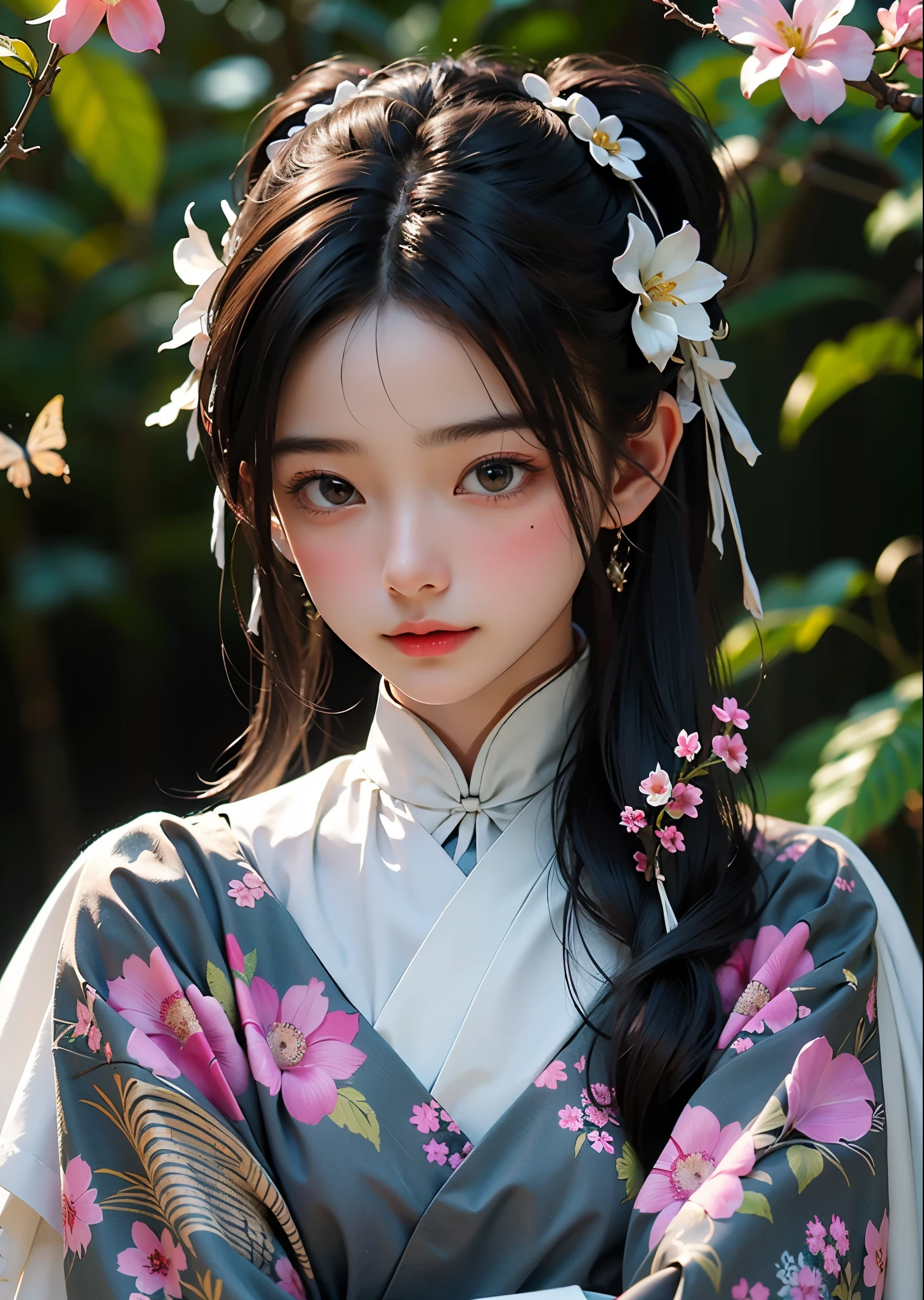 Cute women photos real、(masterpiece, highest quality, highest quality, Official Art, beautifully、aesthetic:1.2), (1 girl), Very detailed,(Fractal Art:1.3),Colorful Chinese Dresost detailed, Background with fractals and details of assorted flowers and tropical butterflies、Amazing elegance、High color reproducibility、Attention to detail、live-action、Alluring、Pop and catchy、Colorful and fun atmosphere