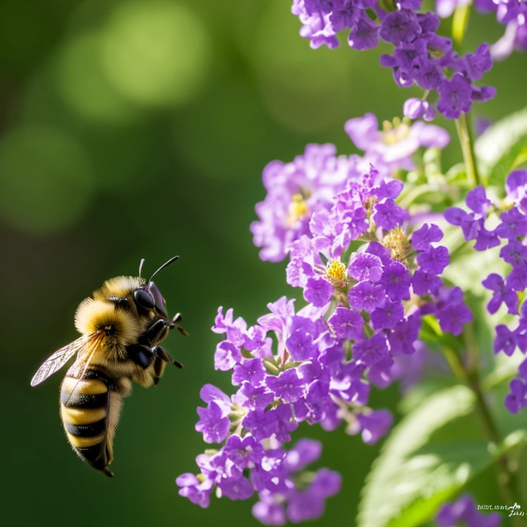 (a bee:1.1) rests on a (violet:1.1) flower in the midst of a (magical:1.2) forest. (best quality,highres,masterpiece:1.2), (ultra-detailed:1.1), (realistic:1.37) painting, capturing the (glistening:1.1) essence of the bee and the vibrant colors of the flower. The forest is (enchanted:1.1) with (mysterious:1.1) (sunlight:1.1) streaming through the lush (canopy:1.1), creating (soft:1.1) (dappled:1.1) (light:1.1) and casting a (subtle:1.1) (glow:1.1) on the surroundings. The bee is (meticulously:1.1) portrayed with (intricate:1.1) (wings:1.1) and (fuzzy:1.1) (striped:1.1) body. The flower's petals are (delicately:1.1) painted, showcasing the (velvety:1.1) texture of the petals. The overall color scheme is (vibrant:1.1), with (rich:1.1) shades of (purple:1.1) and (green:1.1) complementing each other. The composition emphasizes the peacefulness and beauty of nature.