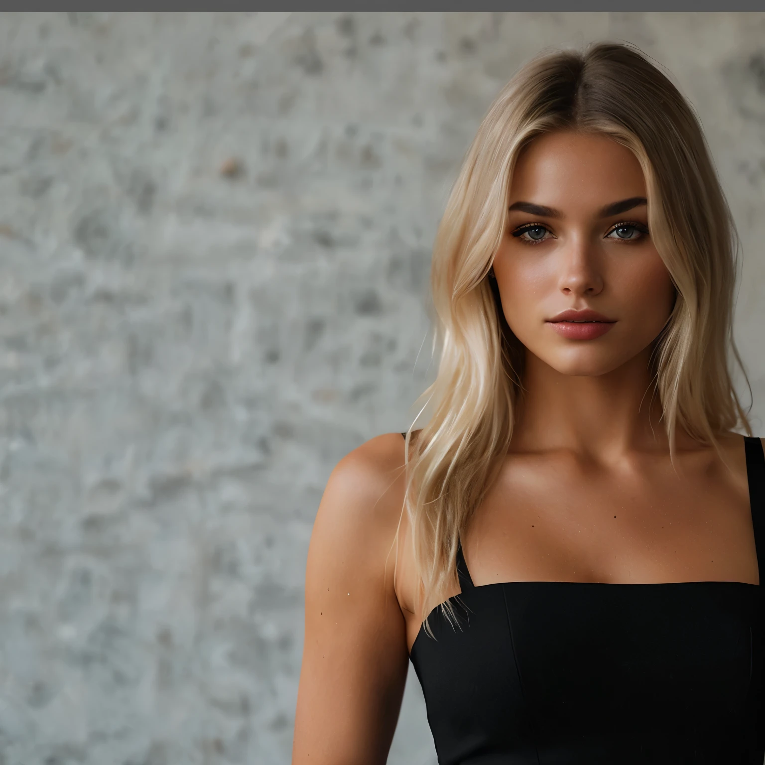 femme blonde en robe noire posant pour une photo devant un mur, she is wearing a black tank top, Female model from 2 to 4 years old, Portrait de Sophie Mudd, Alexandre Waliszewska, Dasha Taran, Instagram Model, elle porte une robe noire, Femme captivante, visage et corps attrayants, visage et corps parfaits