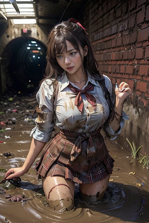 waistband of skirt is at the point above chest , school girl big breast , red knot , red bow , skirt dark red , plaid skirt , pleated skirt , dirty white Shirt , realisitic、top-quality、crisp photos、((Brick underground tunnel、Foul-smelling sewer、Littered with filth、Sewage channels full of feces、a lot of garbage and junk、The dirtiest sewer))、Bricks are covered with moss、((beautiful a girl、Constricted waist、Neat face、Most beautiful face、Elaborate face、dense dirty brown hair、Refreshing look、Pleasant look、Happy expression、Joy covered in filth、Glad to get dirty))、(dirty school girl uniform、Tangier、brawn hair)、Lying face down on filth、Girl with beautiful ass、Scoop out filth with both hands、Beautiful girl's hair is covered in mud、The joy of lying in dirty sewage))、(((I want to smear filth all over my body.、A large amount of sewage flows down the head、The whole body is full of filth、Stick out your buttocks and open your legs、a large amount of dirty garbage and waste,,、Heaps of garbage))