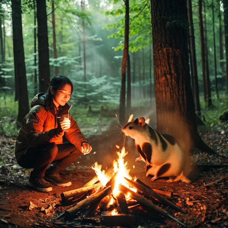 Chinese hamster having a bonfire in the forest。