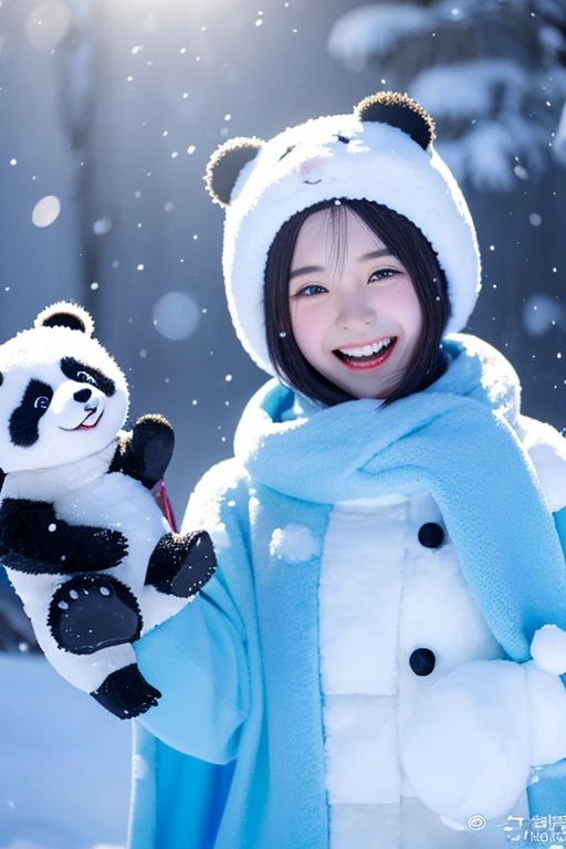 Polaris and her panda friends playing in the snow.。 exterior:Light blue shoulder-length hair,Deep blue pupils,Dressed in blue,Mix warm pink。A polar bear with a body covered in white fur.。,Ice sculpture。 scene:heavy snow,Polaris is playing with a group of cute polar bear friends.。They build a snowman、Snow War,A joyous laughter echoed through the snow and ice..。
