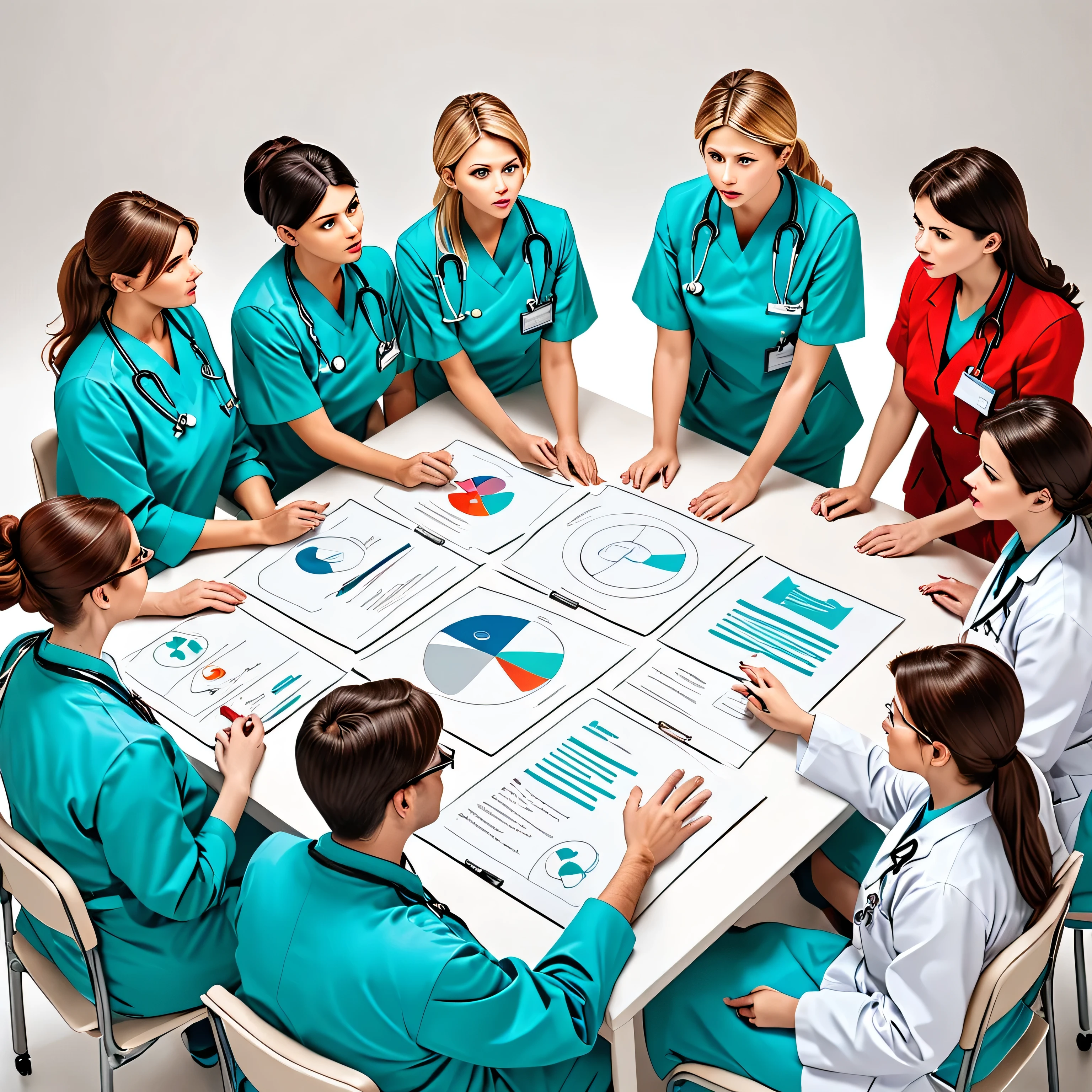 Draw a picture that depicts the dynamics of conflict in a health organization. This image should demonstrate important elements such as interactions between medical staff, communication, leadership, and conflict resolution. The image should include a visualization of the hospital situation with staff interacting, perhaps with elements showing tension or intense discussion. Also include communication symbols such as diagrams, conversations, or emails, as well as elements that demonstrate leadership such as a manager providing direction. This image should look professional and attractive, with bold colors to catch the reader's attention, and details that pique their curiosity to read more