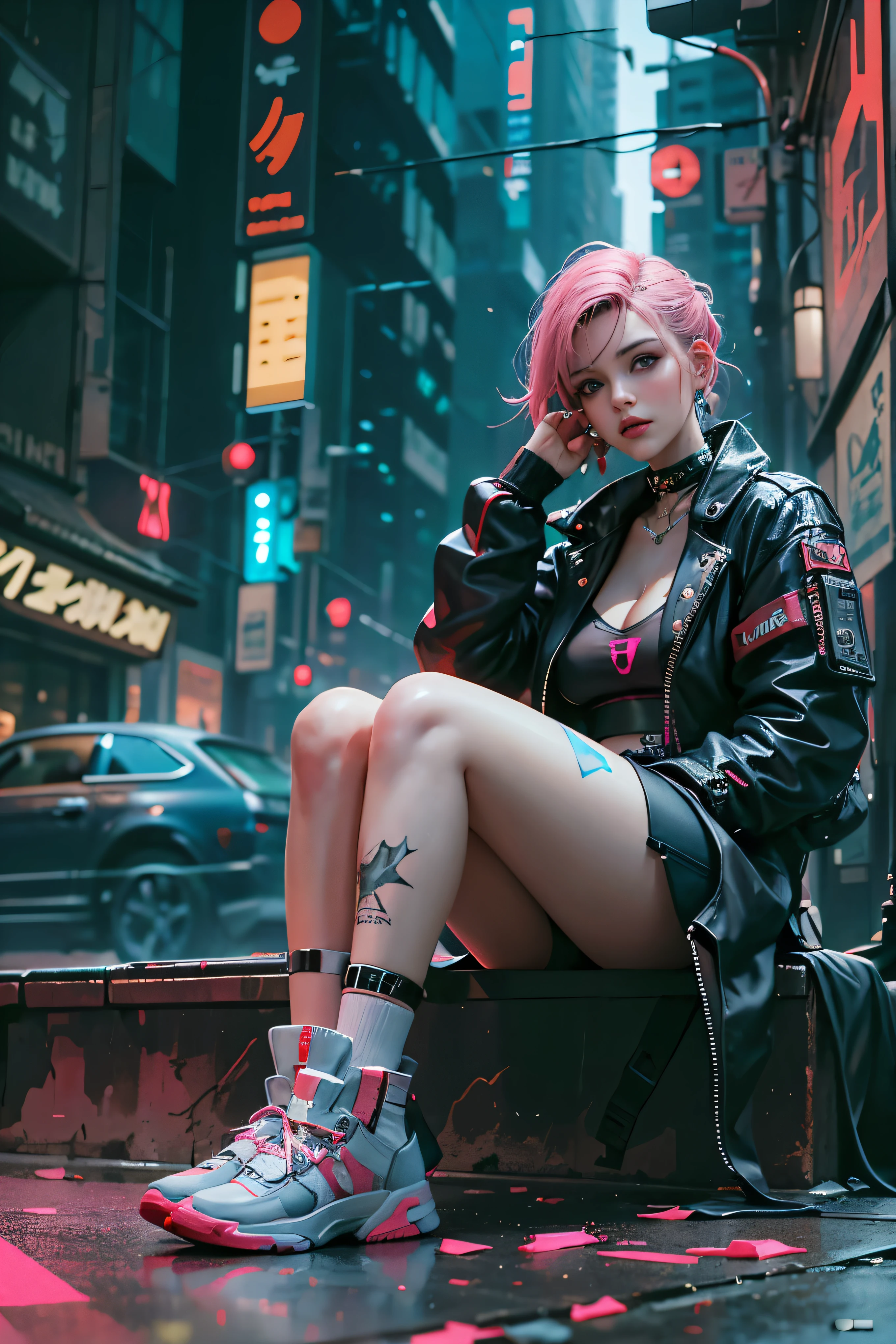 a woman in a pink skirt and black jacket sitting on the street, cyberpunk art style, cyberpunk 2 0 y. o model girl, hyper-realistic cyberpunk style, cyberpunk vibes, cyberpunk style ， hyperrealistic, cyberpunk beautiful girl, cyberpunk art ultrarealistic 8k, cyberpunk girl, cyberpunk art, female cyberpunk anime girl, in cyberpunk style, cyberpunk judy alvarez, fantasy background