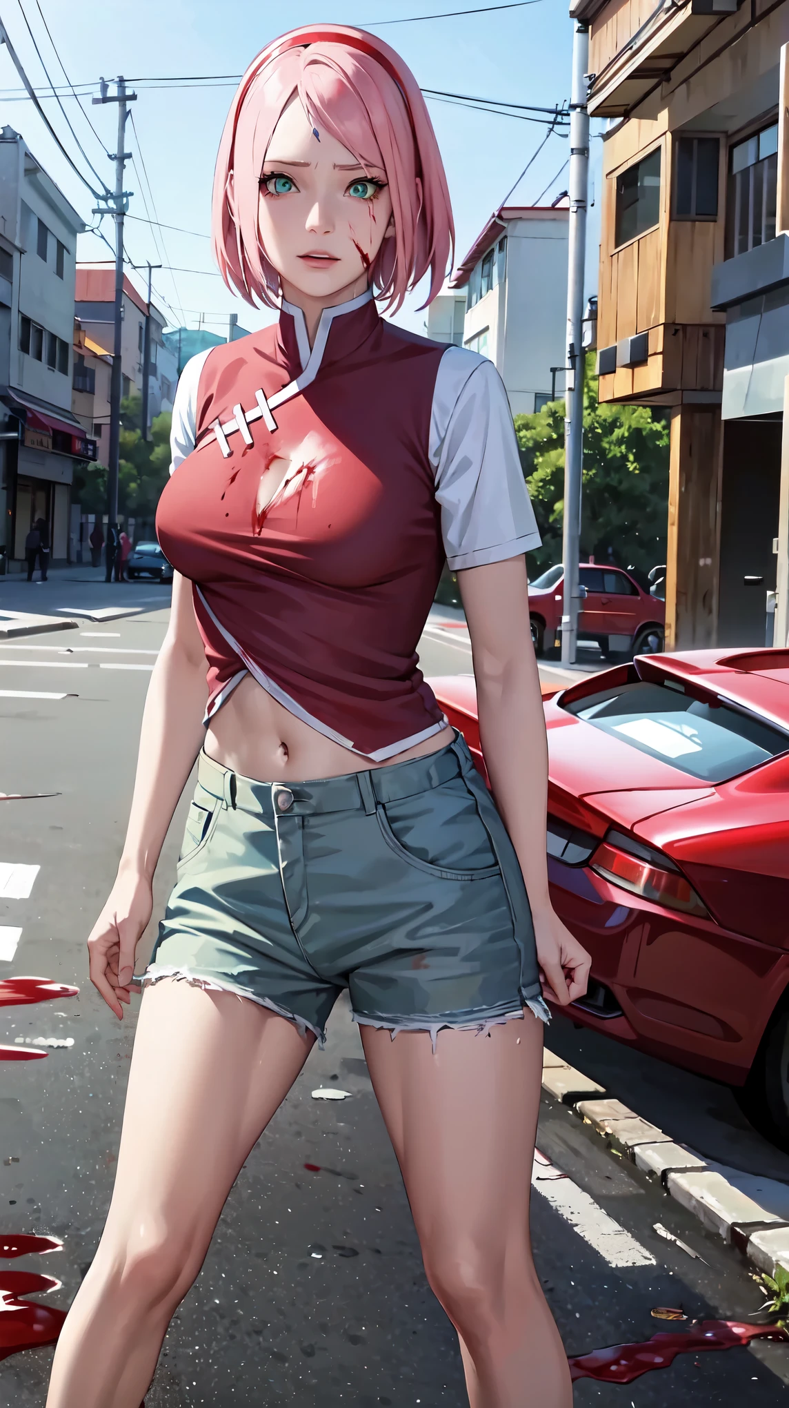 Masterpiece, stunning realistic, best quality, sharpness,1 girl,closeup,forehead mark,Zombie game,(Blood in the face:1.3),blood on the clothes,blood on the body,half body,broken clothes,(damaged clothes:1),(white damaged shirt:1.1),ripped cargo shorts,standing in a destroyed city,fight field,,sakura haruno,pink hair,green eyes,red hairband,middle large breasts,