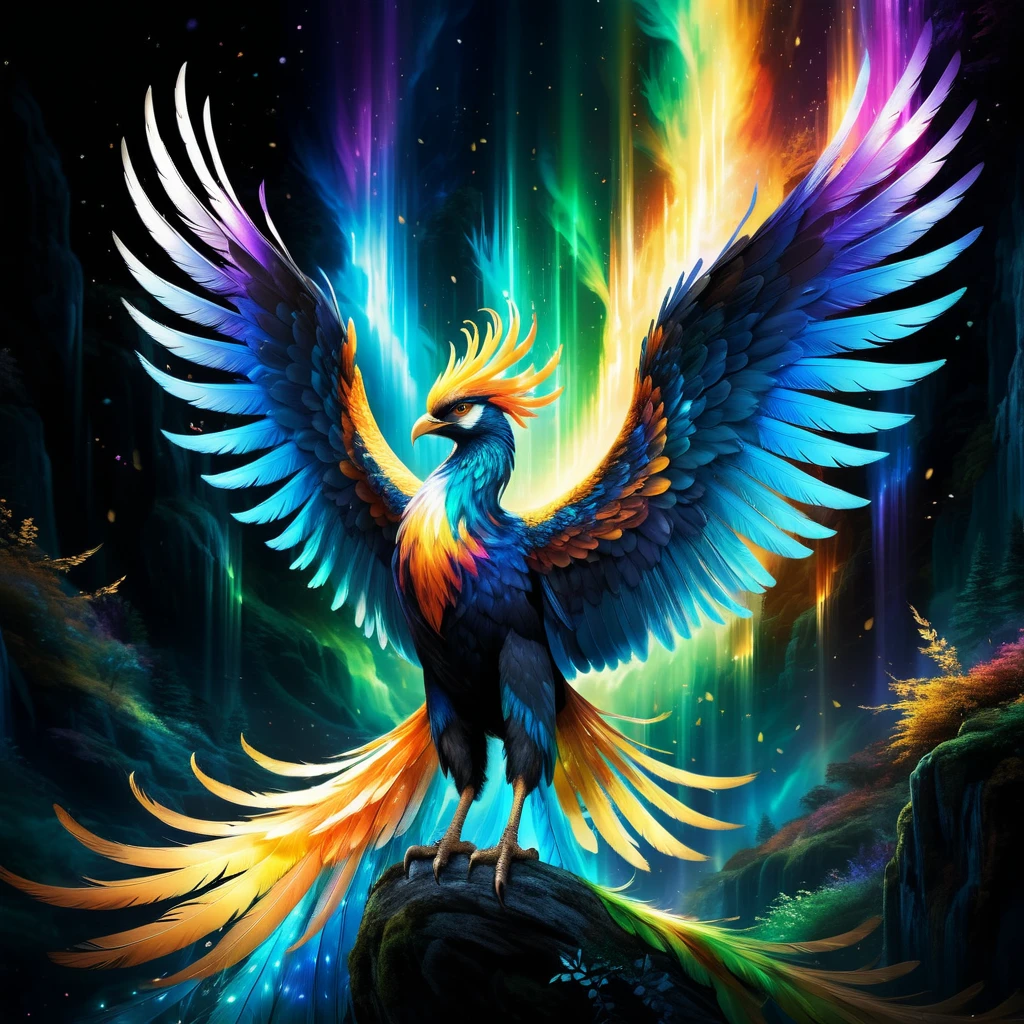 highres,ultra-detailed,realistic,phenix,beautiful detailed feathers,graceful flying pose,glowing golden eyes,long sweeping tail feathers,vibrant colors,sharp focus,elegant and majestic,mythical bird,mythological creature,magical aura,ethereal presence,luminous light,aurora borealis,celestial background,dreamlike atmosphere,mythical lore,mystical creature,enchanted forest,serene and peaceful,harmonious composition,transcendent beauty,powerful and regal,charismatic personality