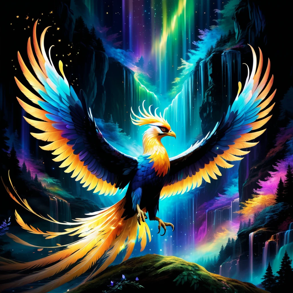 highres,ultra-detailed,realistic,phenix,beautiful detailed feathers,graceful flying pose,glowing golden eyes,long sweeping tail feathers,vibrant colors,sharp focus,elegant and majestic,mythical bird,mythological creature,magical aura,ethereal presence,luminous light,aurora borealis,celestial background,dreamlike atmosphere,mythical lore,mystical creature,enchanted forest,serene and peaceful,harmonious composition,transcendent beauty,powerful and regal,charismatic personality