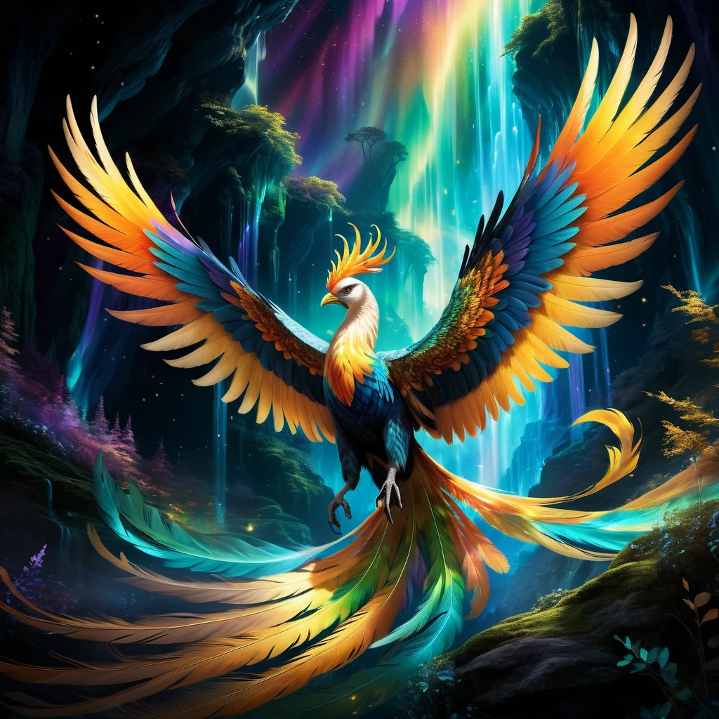 highres,ultra-detailed,realistic,phenix,beautiful detailed feathers,graceful flying pose,glowing golden eyes,long sweeping tail feathers,vibrant colors,sharp focus,elegant and majestic,mythical bird,mythological creature,magical aura,ethereal presence,luminous light,aurora borealis,celestial background,dreamlike atmosphere,mythical lore,mystical creature,enchanted forest,serene and peaceful,harmonious composition,transcendent beauty,powerful and regal,charismatic personality
