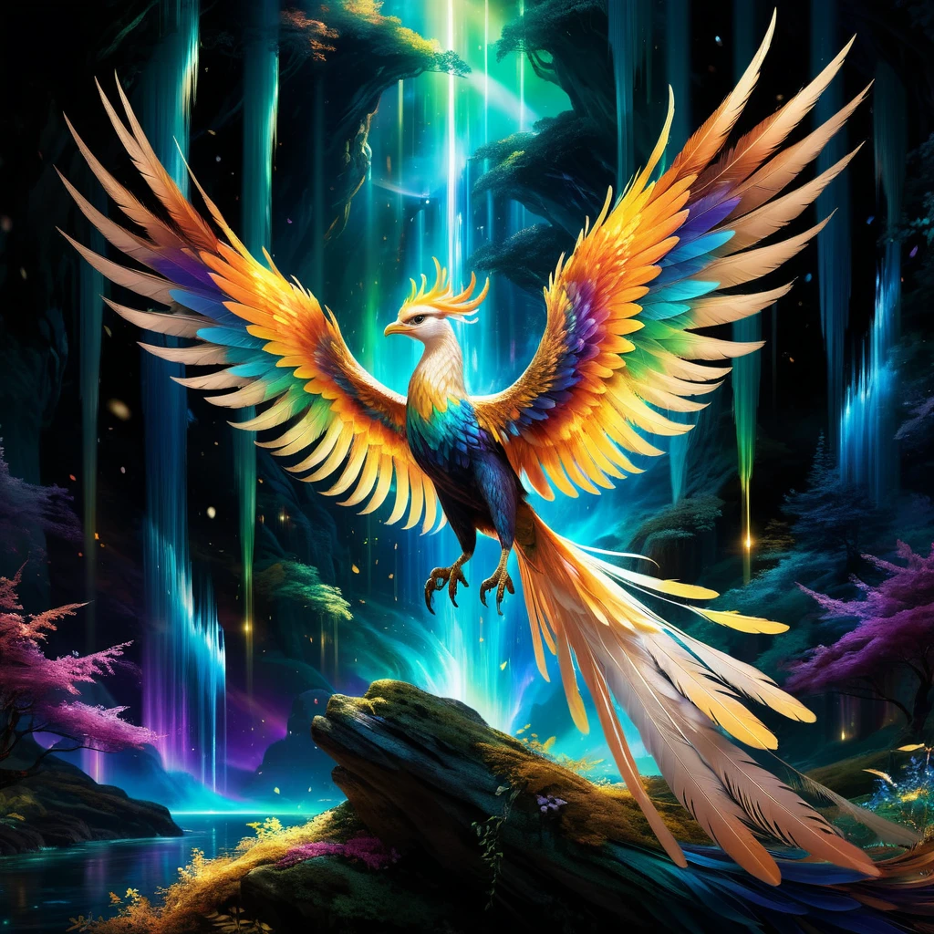 highres,ultra-detailed,realistic,phenix,beautiful detailed feathers,graceful flying pose,glowing golden eyes,long sweeping tail feathers,vibrant colors,sharp focus,elegant and majestic,mythical bird,mythological creature,magical aura,ethereal presence,luminous light,aurora borealis,celestial background,dreamlike atmosphere,mythical lore,mystical creature,enchanted forest,serene and peaceful,harmonious composition,transcendent beauty,powerful and regal,charismatic personality