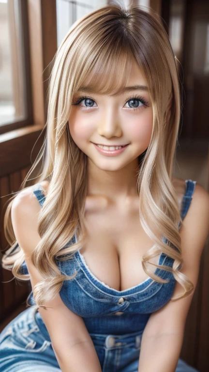 (RAW Photos,Realistic, Photorealistic: 1.4, masterpiece, highest quality), 8k, 1. Beautiful Japanese Women, alone, ars old,te Smile, Large Breasts, Beautifully detailed round eyes, Droopy Eyes 1.4, Blonde Hair,, (Highly detailed face and skin texture), Dark Skin,,, whole body,  (View your viewers:1.4)、Baby Far、Gal Makeup、whole body