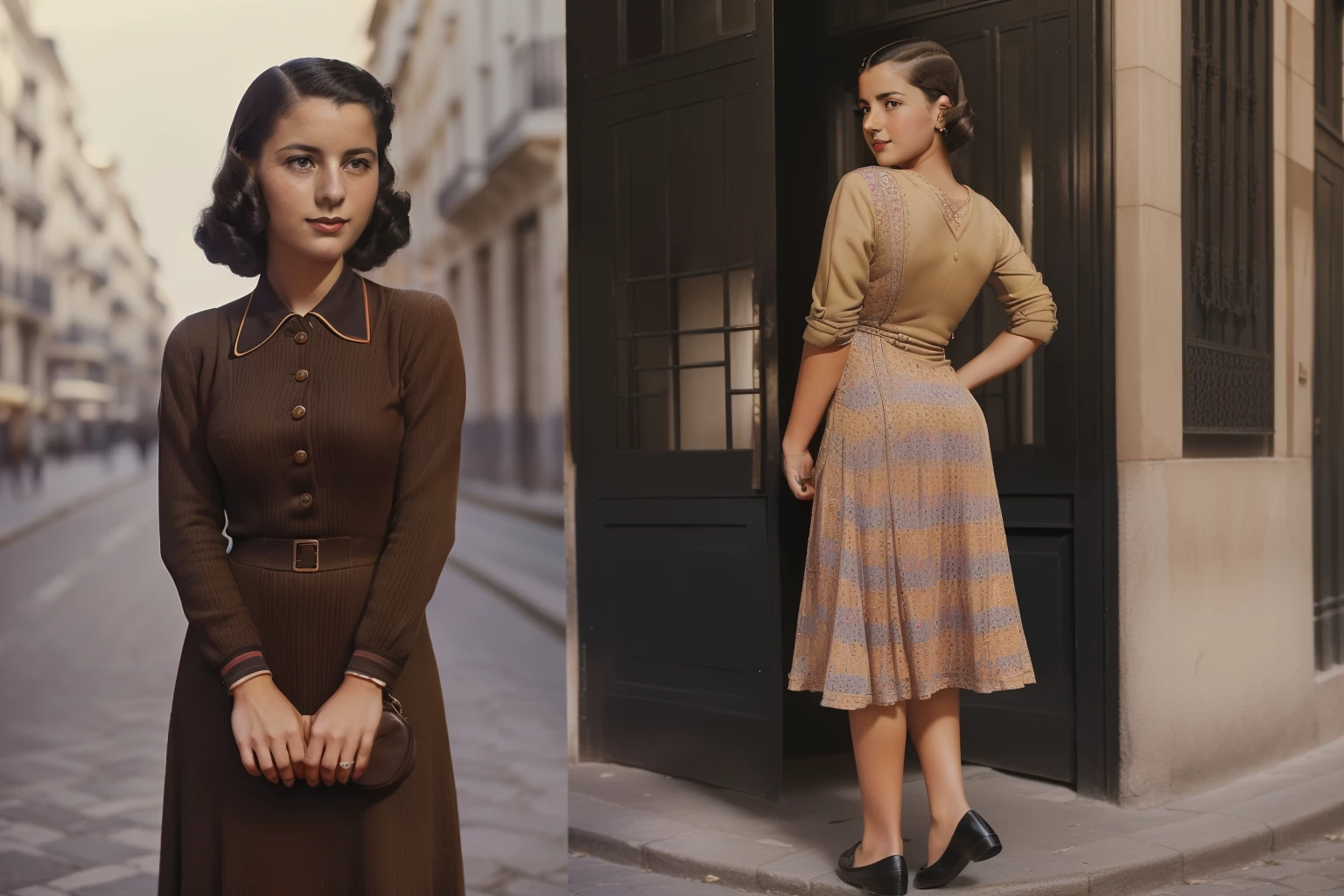 Madrid, 1940. A young ((((29-year-old)) Sira Quiroga)), beautiful, skinny, writing, morse code, ((((clothings from the 1940s, dress)))), ((hairstyle of the 1940s)), ((colorful))