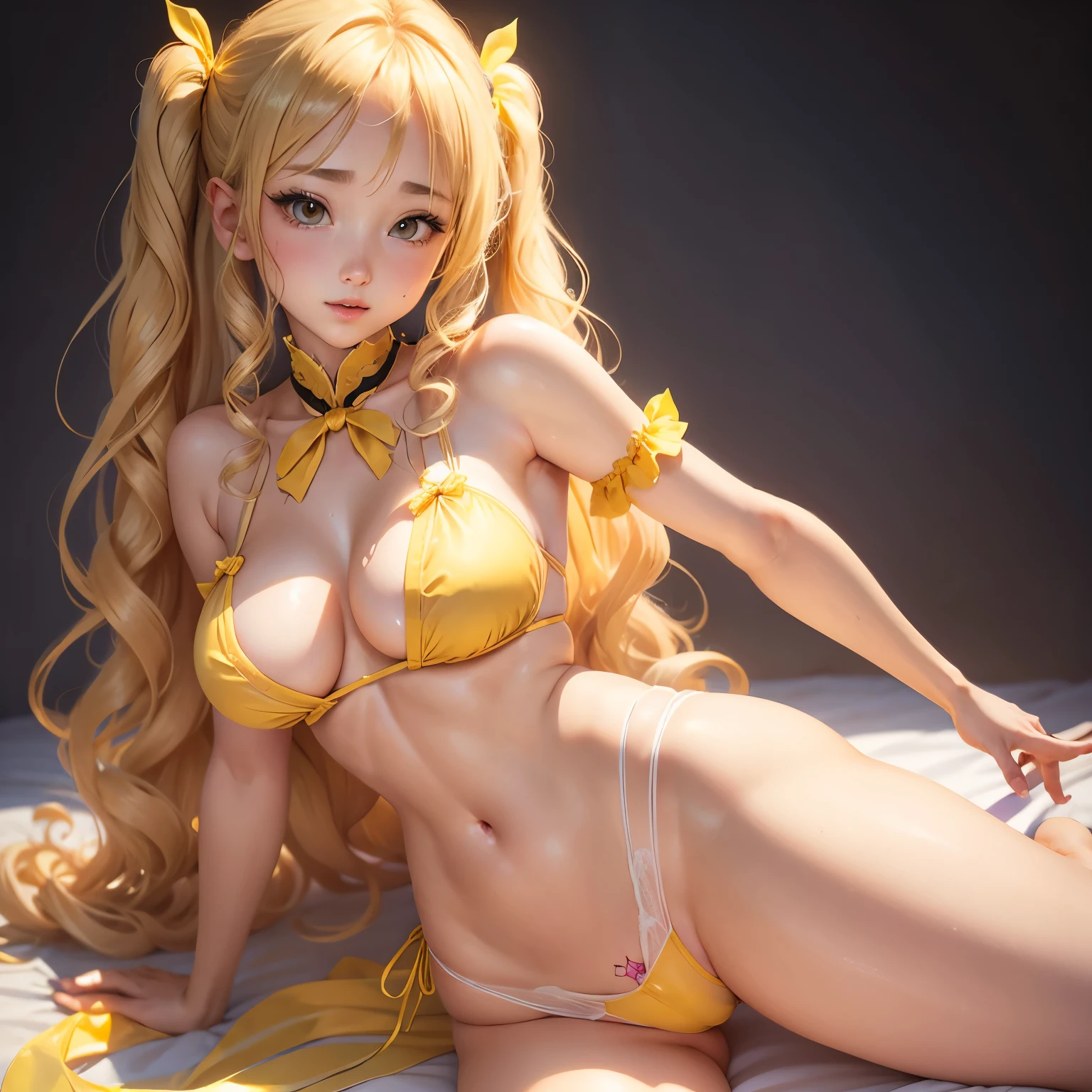 Blonde、Beautiful young woman、Curly hair twin tails、Yellow ribbon hair accessory、transparent attire、Exposed skin、Transparent panties、Thong、Butt、belly button、Side show、Shoulder Bare、Attractive cleavage、Magical girl、Wet clothes、Beautiful leg raise、Erect penis、Beautiful fingers