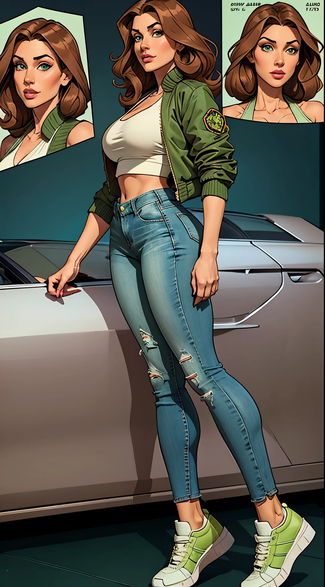 long curly light brown hair. Large, almond-shaped eyes, intense green. Slim and elegant figure. She was wearing worn jeans, a pastel-colored low-cut blouse, and a bomber jacket. She paired her outfit with white sneakers.busty. Booty. Comic style