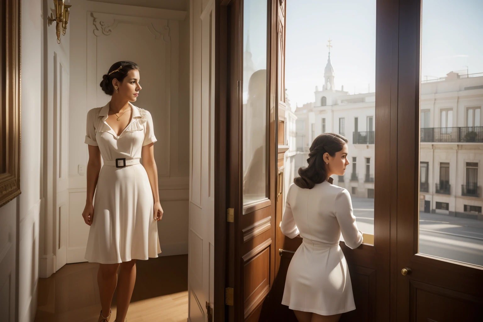 Madrid, 1940. A young ((((29-year-old)) Sira Quiroga)), beautiful, skinny, in the white museum, spying from behind a folder, ((((clothings from the 1940s, dress)))), ((hairstyle of the 1940s)), ((colorful))