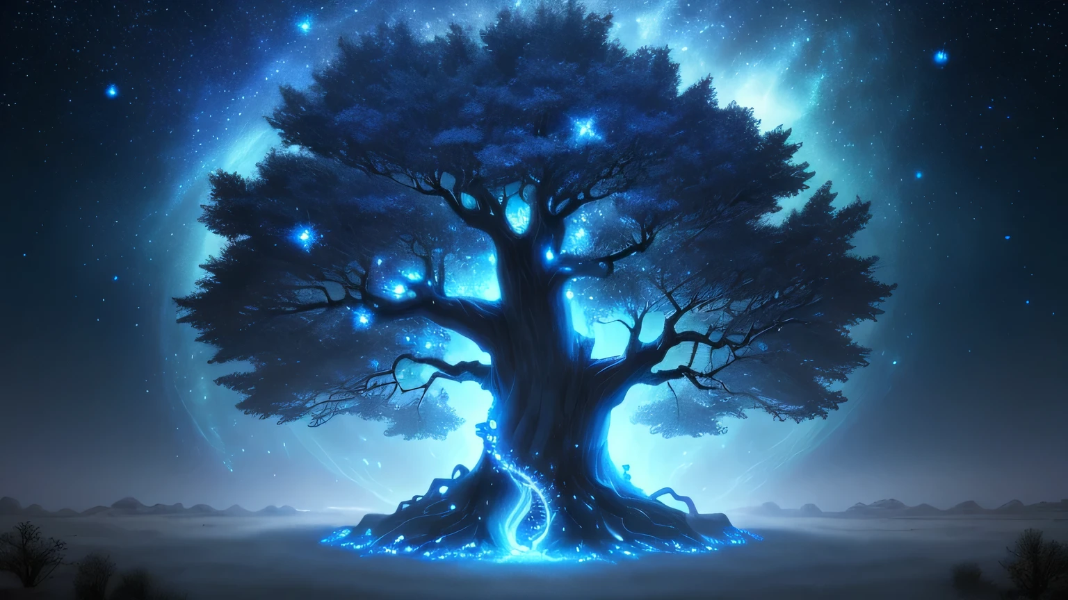 Ancient magical tree, Blue aura, Starry Sky, fire Fly, comet, Fantasy World, The Shining, Magical Aura, Avatar Style, quiet night.