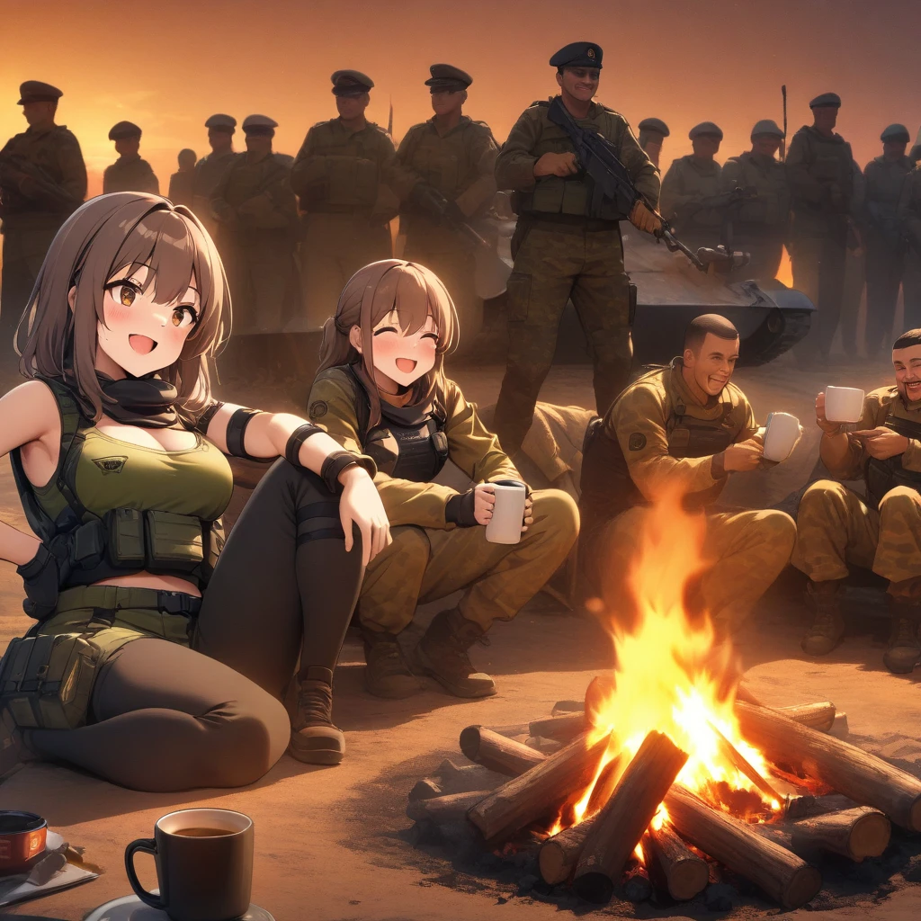 High quality, high definition images, full HD、8k.1 girl Short chestnut hair wearing 、modern tank crew combat uniform,combat uniform 、Risha's Panzer Panzer 、Make a bonfire near the tank,in front of the bonfire sit and drink coffee,Several soldiers surround a bonfire, smiling,(A rabbit is near the bonfire.)The tank is very close to the bonfire.