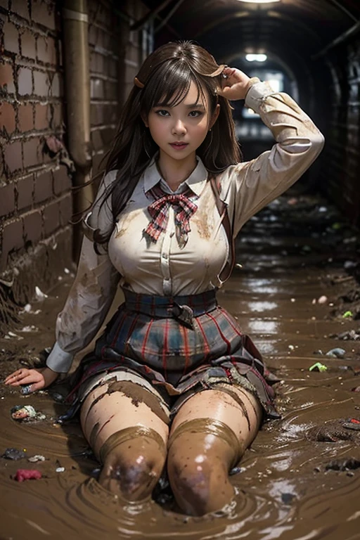 waistband of skirt is at the point above chest , school girl big breast , red knot , red bow , skirt dark red , plaid skirt , pleated skirt , dirty white Shirt , realisitic、top-quality、crisp photos、((Brick underground tunnel、Foul-smelling sewer、Littered with filth、Sewage channels full of feces、a lot of garbage and junk、The dirtiest sewer))、Bricks are covered with moss、((beautiful a girl、Constricted waist、Neat face、Most beautiful face、Elaborate face、dense dirty brown hair、Refreshing look、Pleasant look、Happy expression、Joy covered in filth、Glad to get dirty))、(dirty school girl uniform、Tangier、brawn hair)、Lying face down on filth、Girl with beautiful ass、Scoop out filth with both hands、Beautiful girl's hair is covered in mud、The joy of lying in dirty sewage))、(((I want to smear filth all over my body.、A large amount of sewage flows down the head、The whole body is full of filth、Stick out your buttocks and open your legs、a large amount of dirty garbage and waste,,、Heaps of garbage))