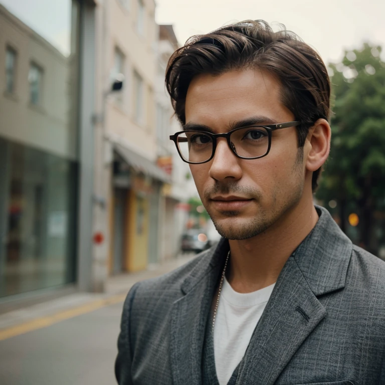 Handsome man with glasses looks into the distance