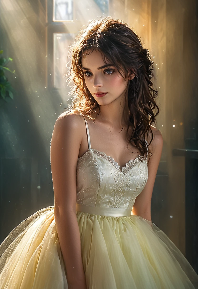 ((((Erotisch)))), (((innocent French woman, 26 Jahre alt))), (Best quality,4k,8k,highres,Meisterwerk:1.2),Ultra-detailliert,((sweet mischievous flirtatious)) Empire-Mikrokleid, European model, nicely printed, bilden, Lippenstift, ((kurze Haare)), BRECHEN, puff, kalt, tulle, petticoat, Realism, backlighting, vignetting, blending, fading border, first-person view, wide shot, bokeh, Eye-Level Shot, f/1.8, 35mm, Canon, UHD, masterpiece, best quality, highres, 8k, ambr1, bright light,