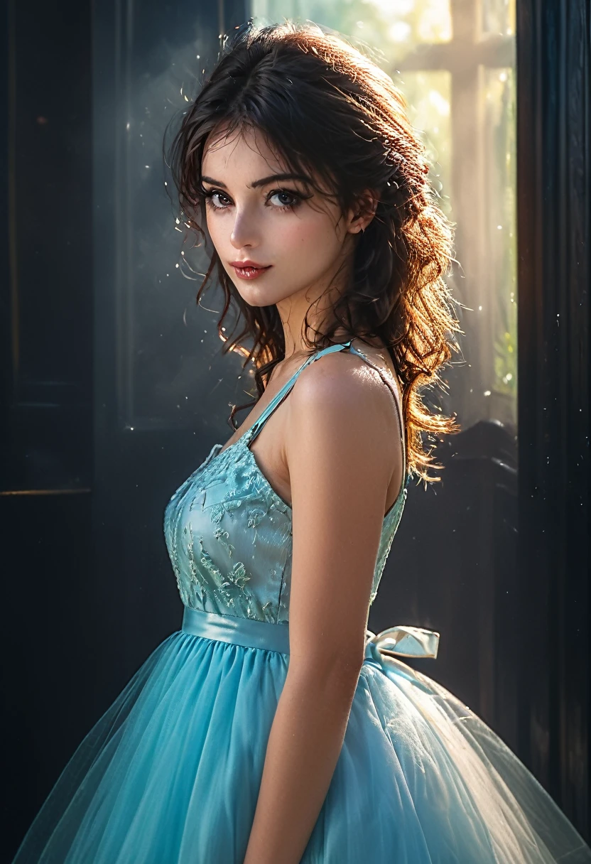((((Erotisch)))), (((innocent French woman, 26 Jahre alt))), (Best quality,4k,8k,highres,Meisterwerk:1.2),Ultra-detailliert,((sweet mischievous flirtatious)) Empire-Mikrokleid, European model, nicely printed, bilden, Lippenstift, ((kurze Haare)), BRECHEN, puff, kalt, tulle, petticoat, Realism, backlighting, vignetting, blending, fading border, first-person view, wide shot, bokeh, Eye-Level Shot, f/1.8, 35mm, Canon, UHD, masterpiece, best quality, highres, 8k, ambr1, bright light,