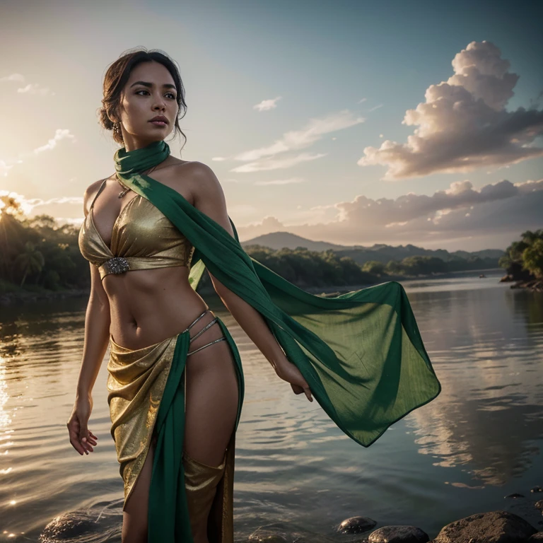 For her third set, Tina wore a beautiful green Kebaya with gold and silver accents. She paired it with a matching sarong and a green and gold batik scarf. In this pose, Tina stood in the shallow part of the river, her hands holding the scarf as she looked up at the sky, her face reflecting the tranquility of the surrounding nature, photorealism, high contrast, photorealistic, 8k HD high definition detailed realistic, detailed, skin texture, hyper detailed, realistic skin texture, best quality, (photorealistic:1.4), high resolution, detailed, raw photo, photo realistic, (high detailed skin:1.2), 8k uhd, dslr, soft lighting, high quality, film grain, Fujifilm XT3), hyper realistic lifelike texture dramatic lighting unreal engine, even, neutral light, key light, bold, bright colours,