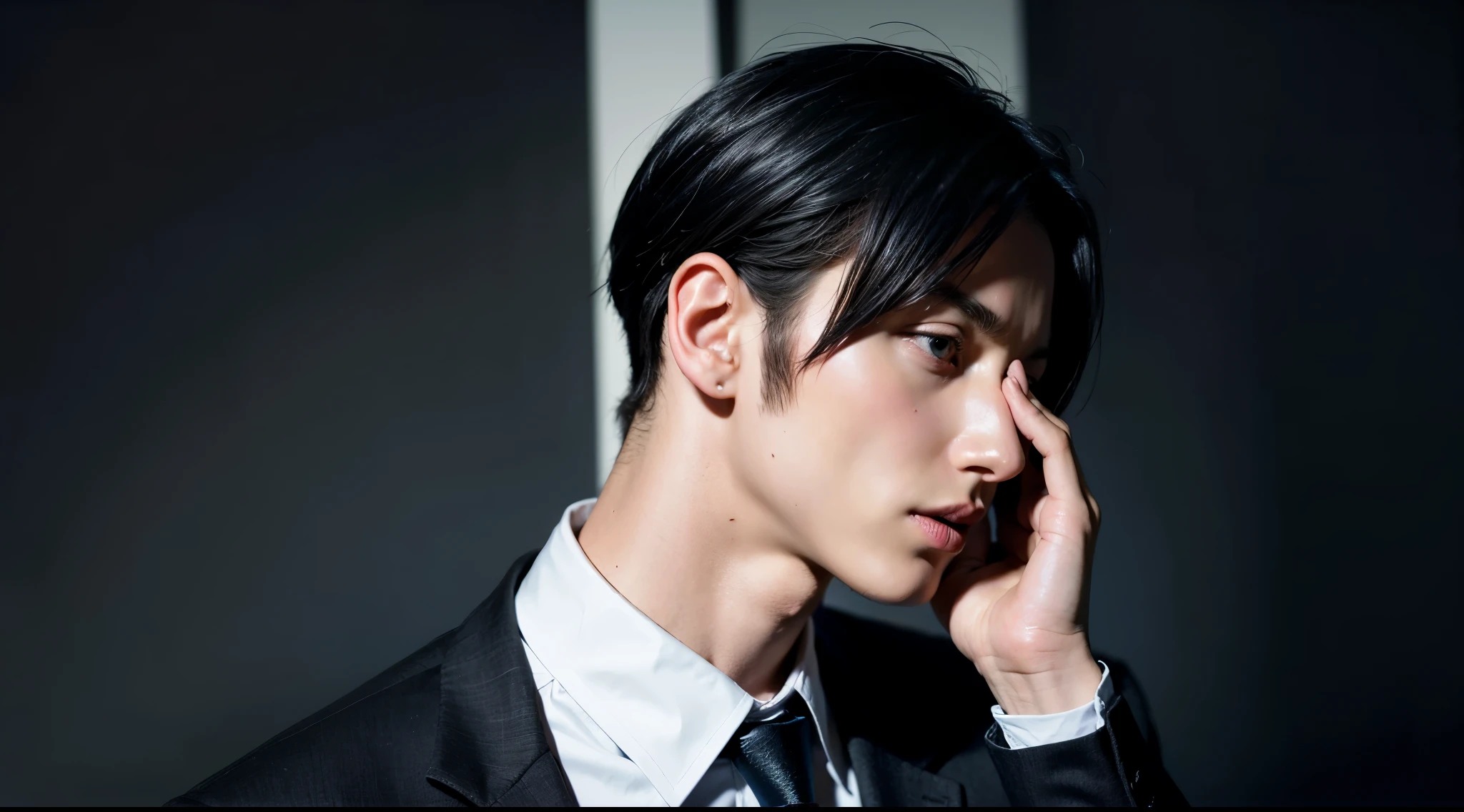 a young man with short, dark blue or black hair styled in a messy fashion. He is wearing a black suit and necktie, giving him a formal or professional appearance.
The character has a serious and intense expression on his face, with slightly furrowed brows and a focused gaze. One of his hands is raised, covering part of his face in a thoughtful or contemplative manner, suggesting he is deep in thought or concerned about something.