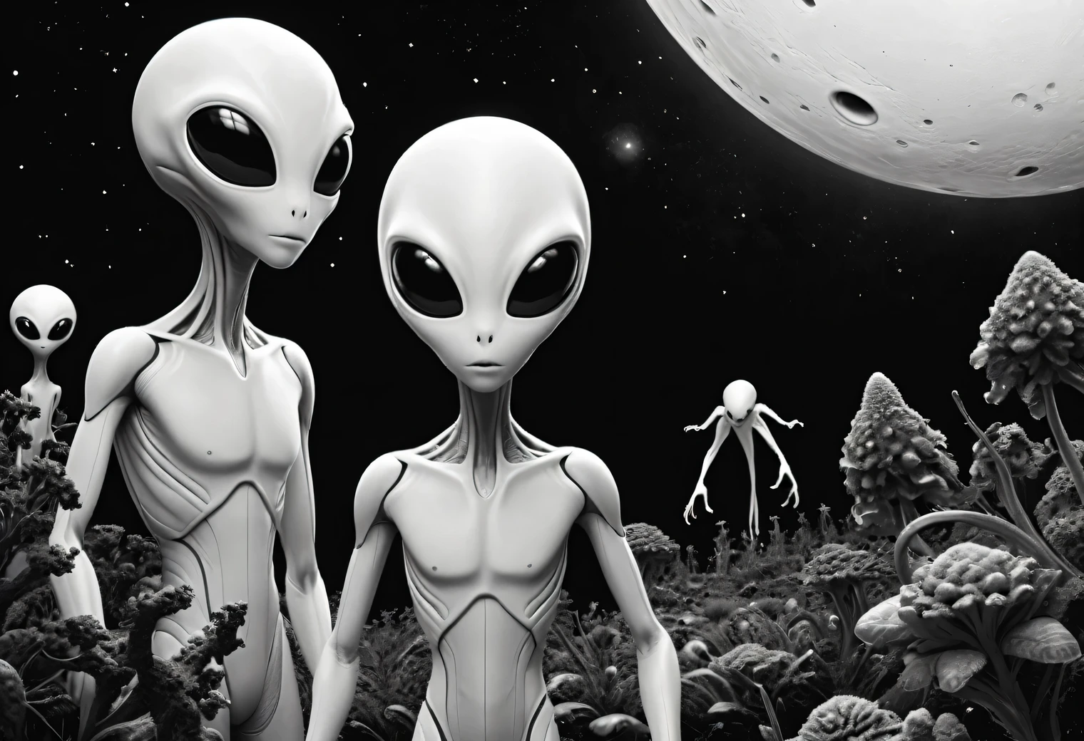 Black and white image, In the microcosm among black plants, 2 alien life forms met - a black life form and a white life form, a black alien life form stands and looks at a white alien life form, a white alien life form stands and looks at a black alien life form, alien life forms are shown in detail, alien life forms look funny and kind, top view, top corner, black and white image, detailed, realistic, difficult, black and white world and your own life, unreal, high resolution 32k