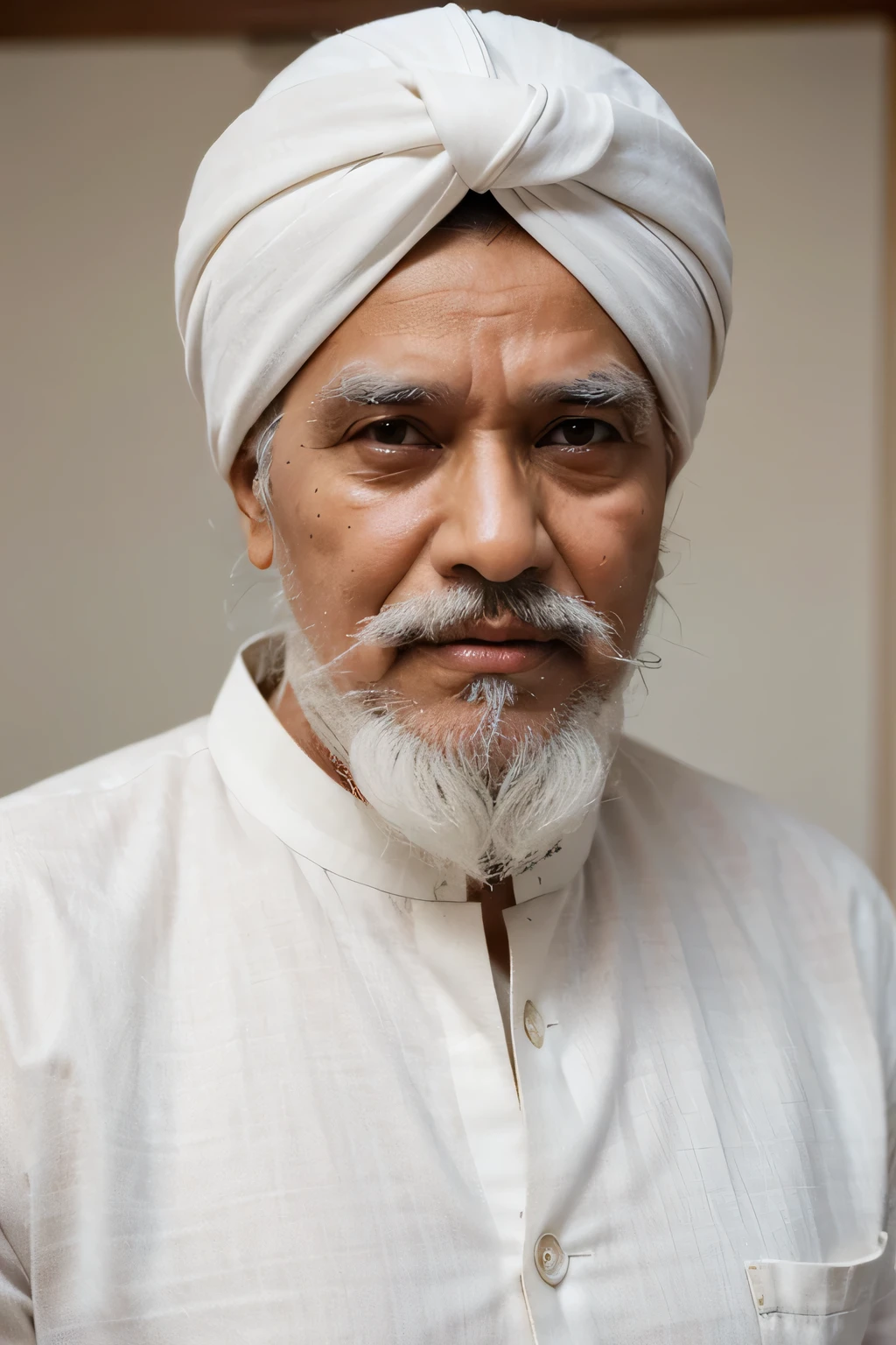 Old Indian man wearing a Gujarati style turban wearing white kurta with wide white moustache and white beard it should be funny looking