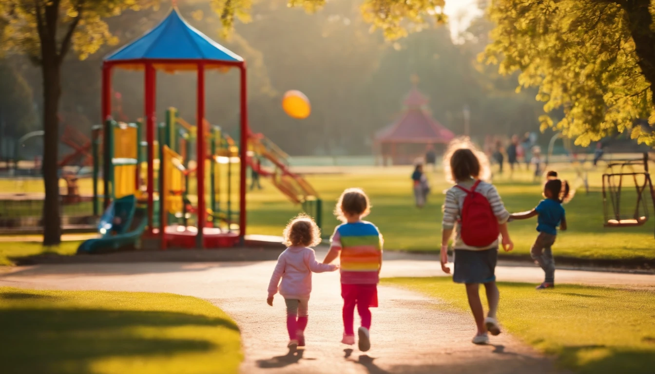 Children walking in the park、Parents taking photos of their children、1girl、playground equipment in the background、Side shot